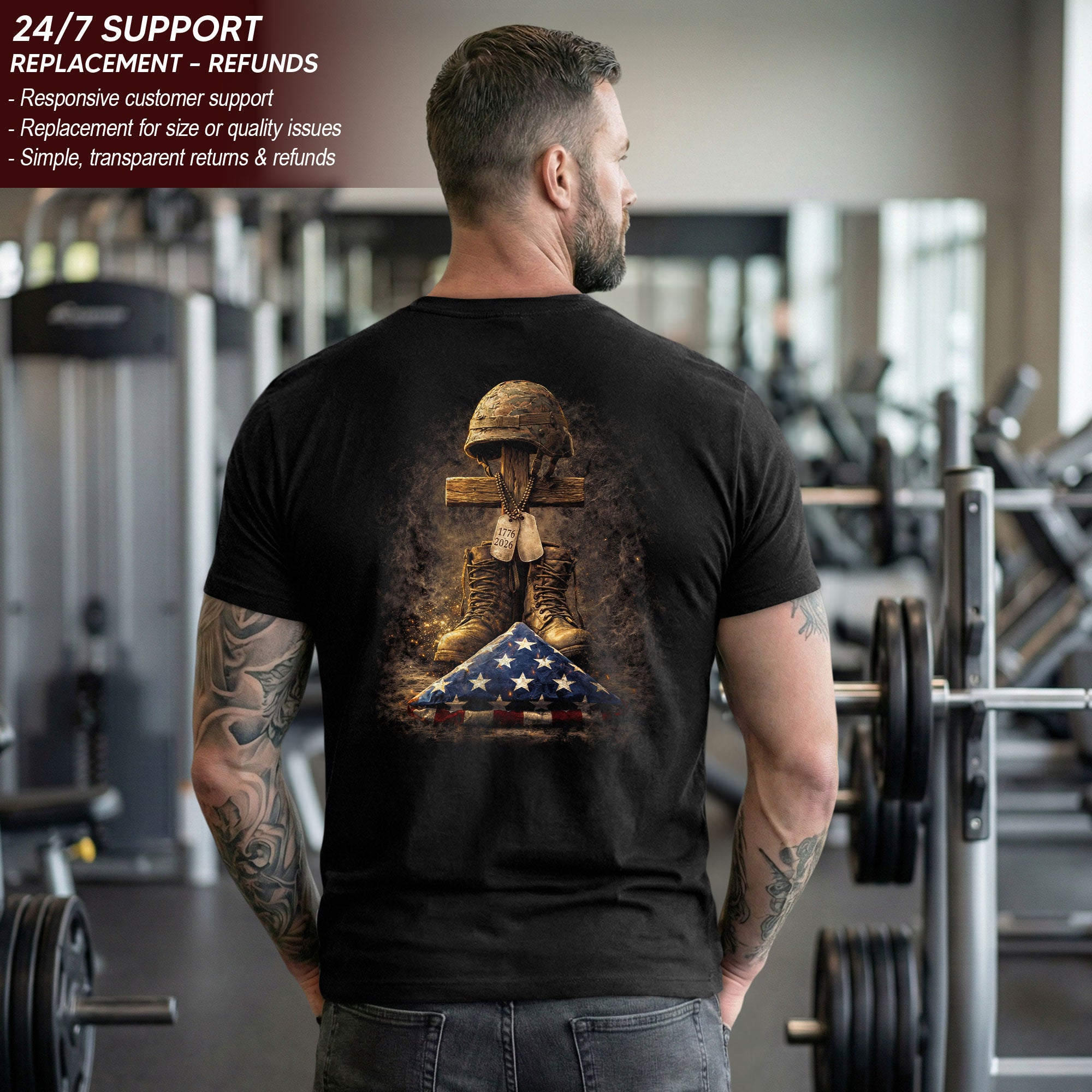 America 250th Anniversary 1776-2026 Semiquincentennial T-Shirt – 250 Years Faith and Freedom Battlefield Cross Soldier Boots Helmet Patriotic Tee