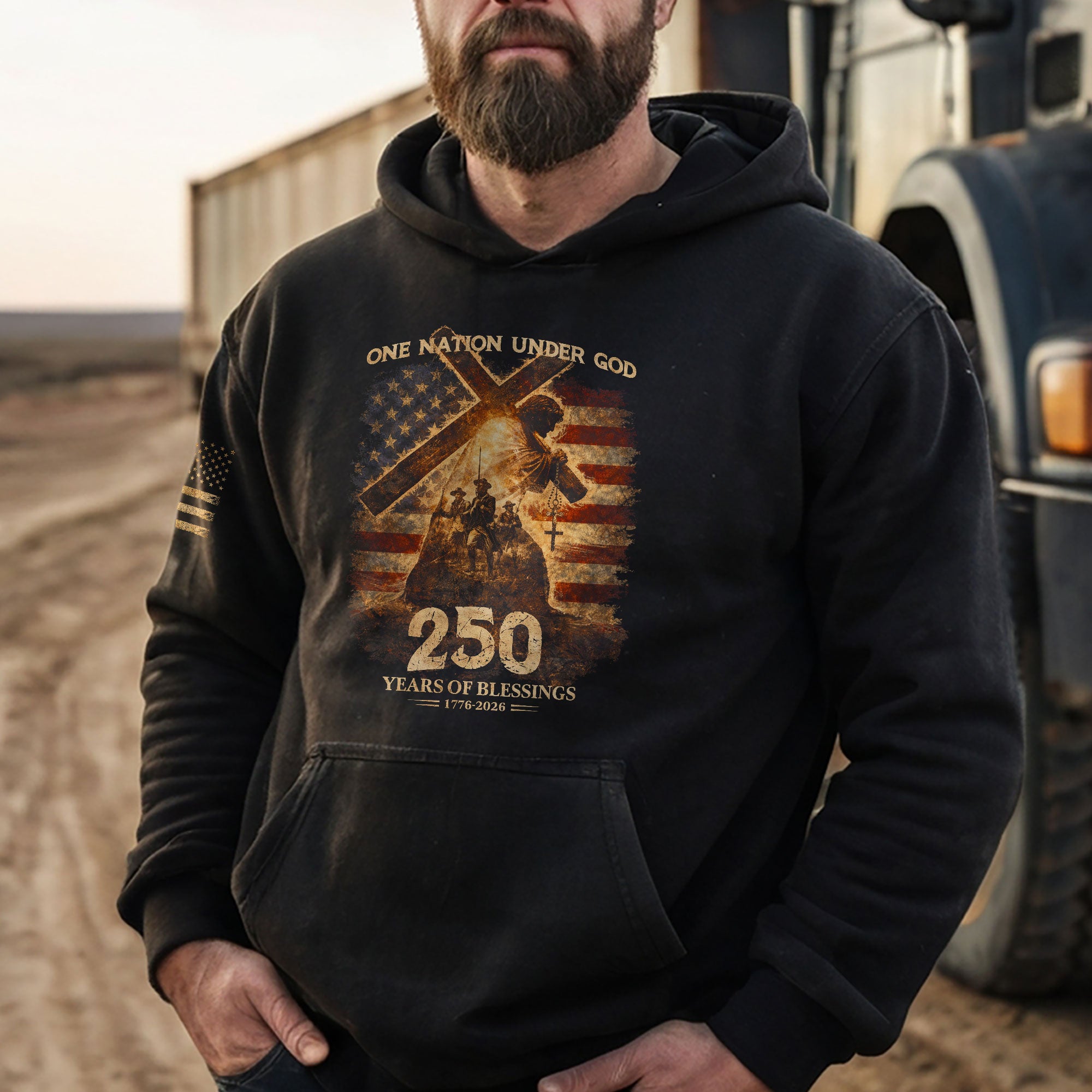 USA 250th Anniversary 1776-2026 Semiquincentennial Hoodie – One Nation Under God Jesus Carrying Cross American Flag Christian Hoodie