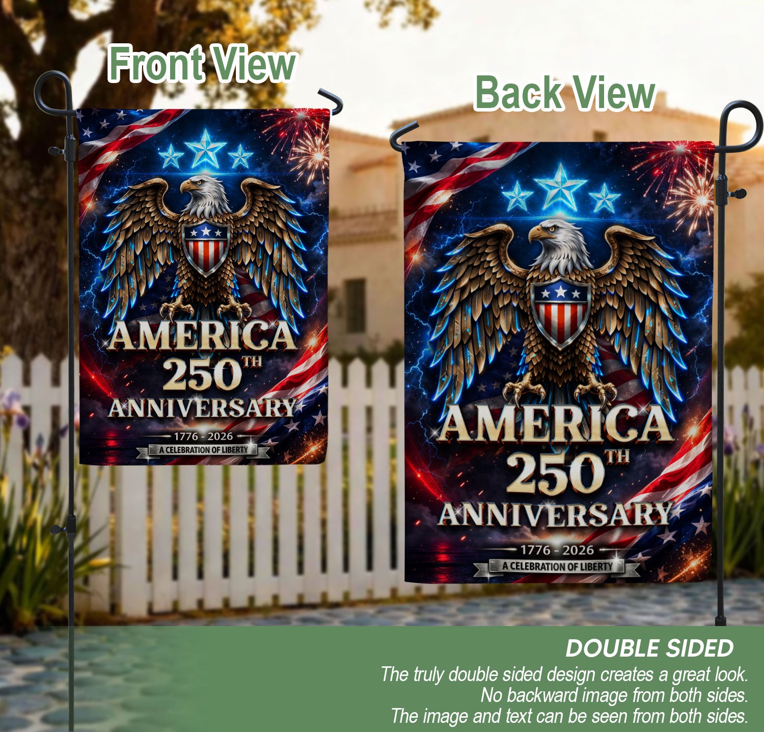 1776–2026 USA 250 Years House Flag – Bald Eagle & Fireworks Double Sided Patriotic Outdoor Banner