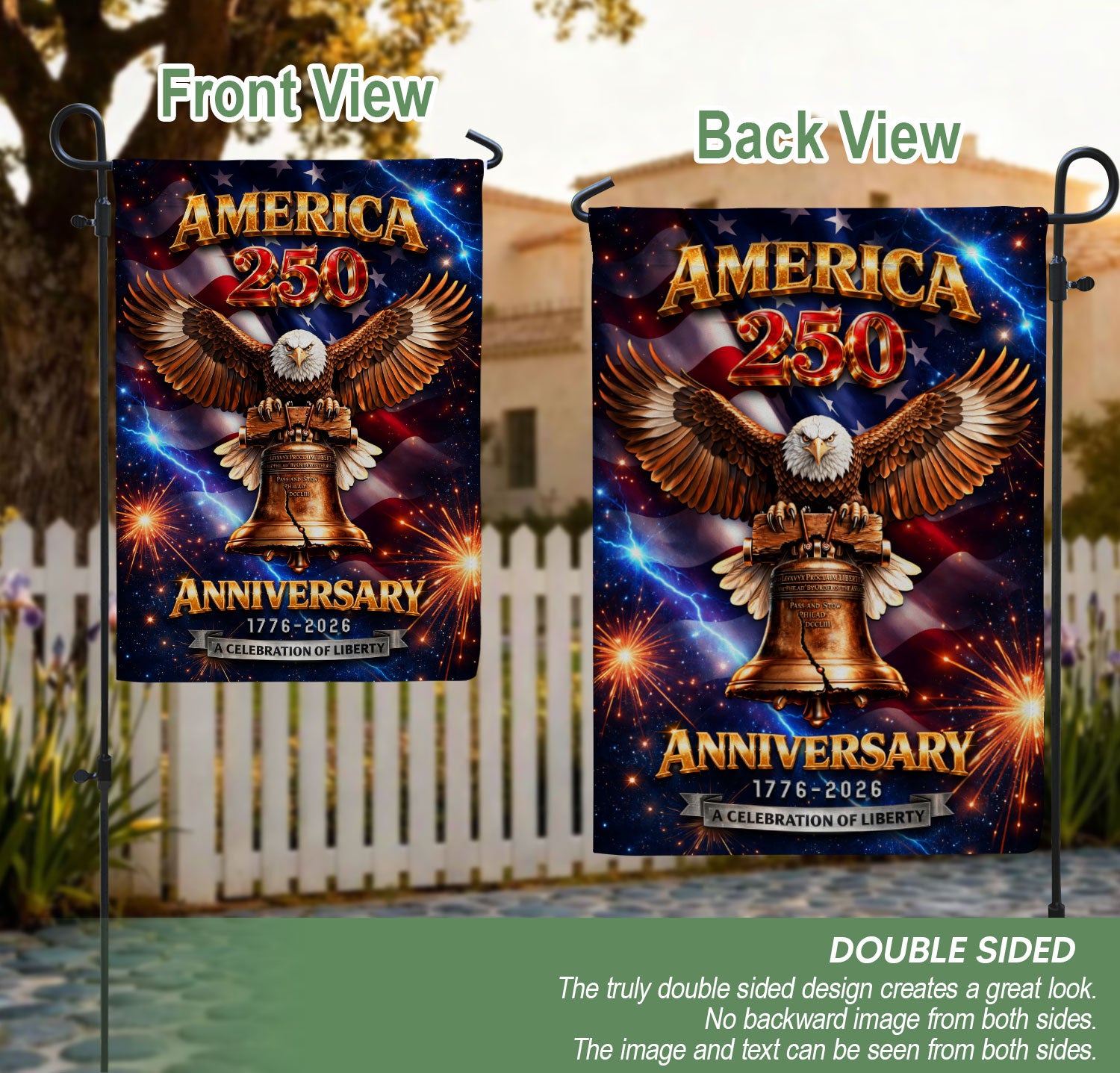 America 250th Anniversary 1776-2026 Garden Flag – Liberty Bell & Bald Eagle 250 Years of Freedom Double Sided Outdoor Banner