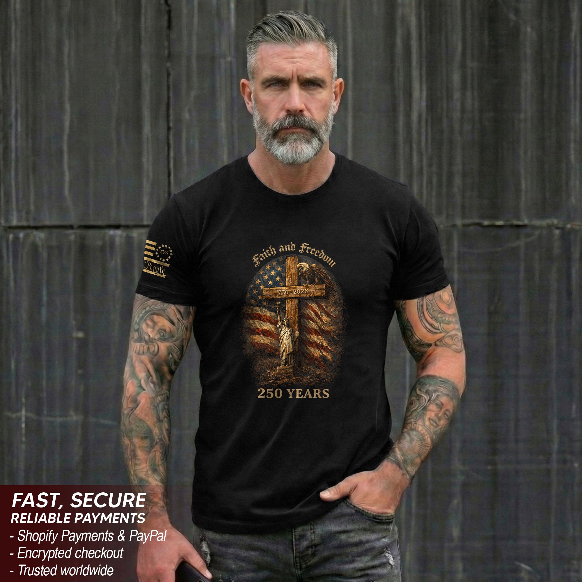 America 250th Anniversary 1776-2026 Semiquincentennial T-Shirt – Statue of Liberty Faith and Freedom Cross Eagle Patriotic USA Flag Tee