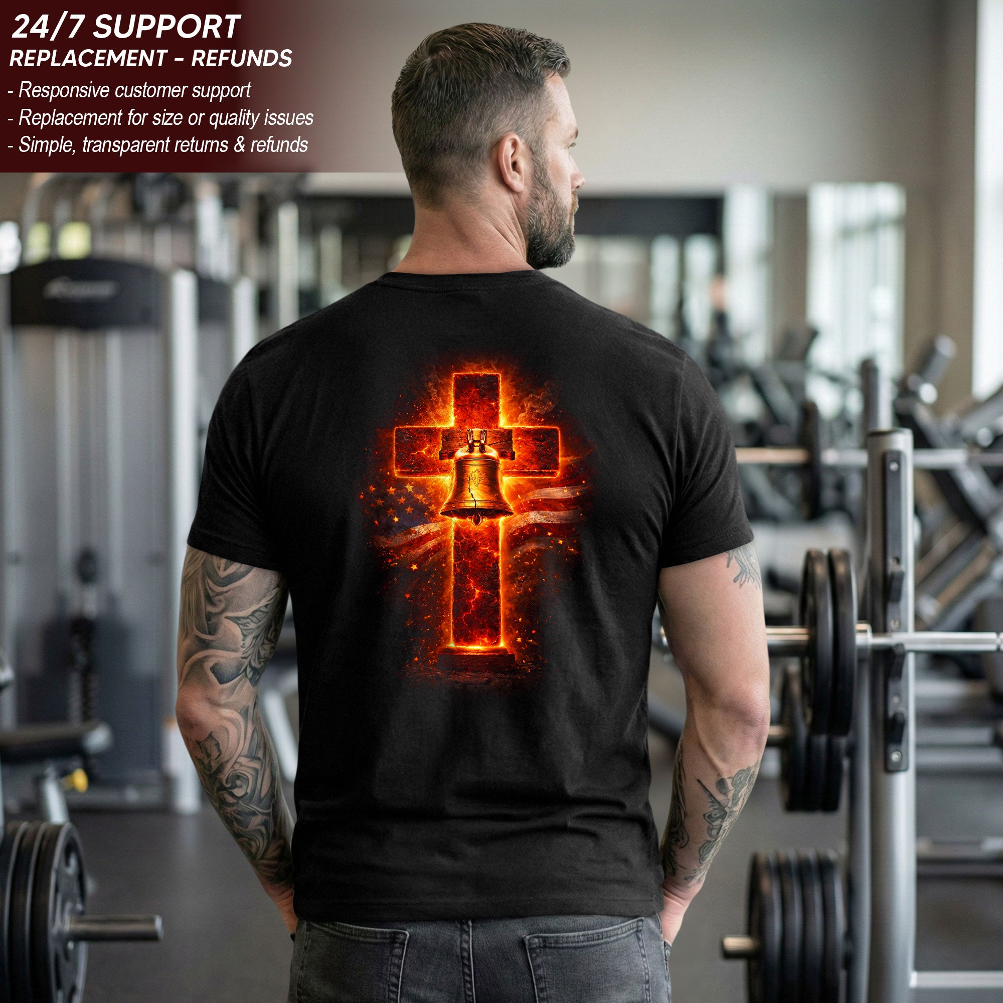 USA 250th Anniversary 1776-2026 Semiquincentennial T-Shirt – Fire Cross Liberty Bell Faith and Freedom Patriotic America 250 Tee