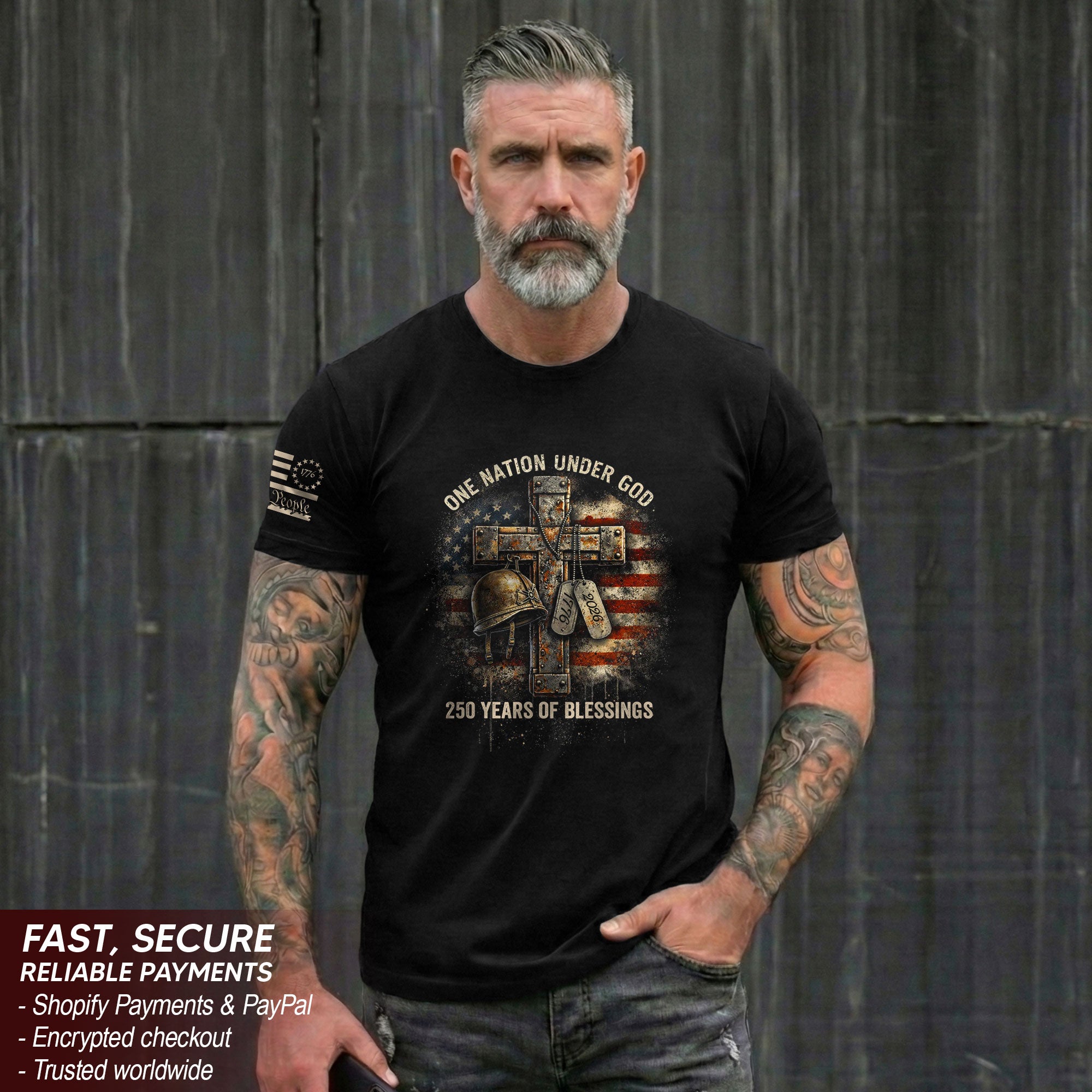 America 250th Anniversary 1776-2026 T-Shirt – Patriotic Veteran Christian Cross & Dog Tags 250 Years of Blessings Semiquincentennial Tee