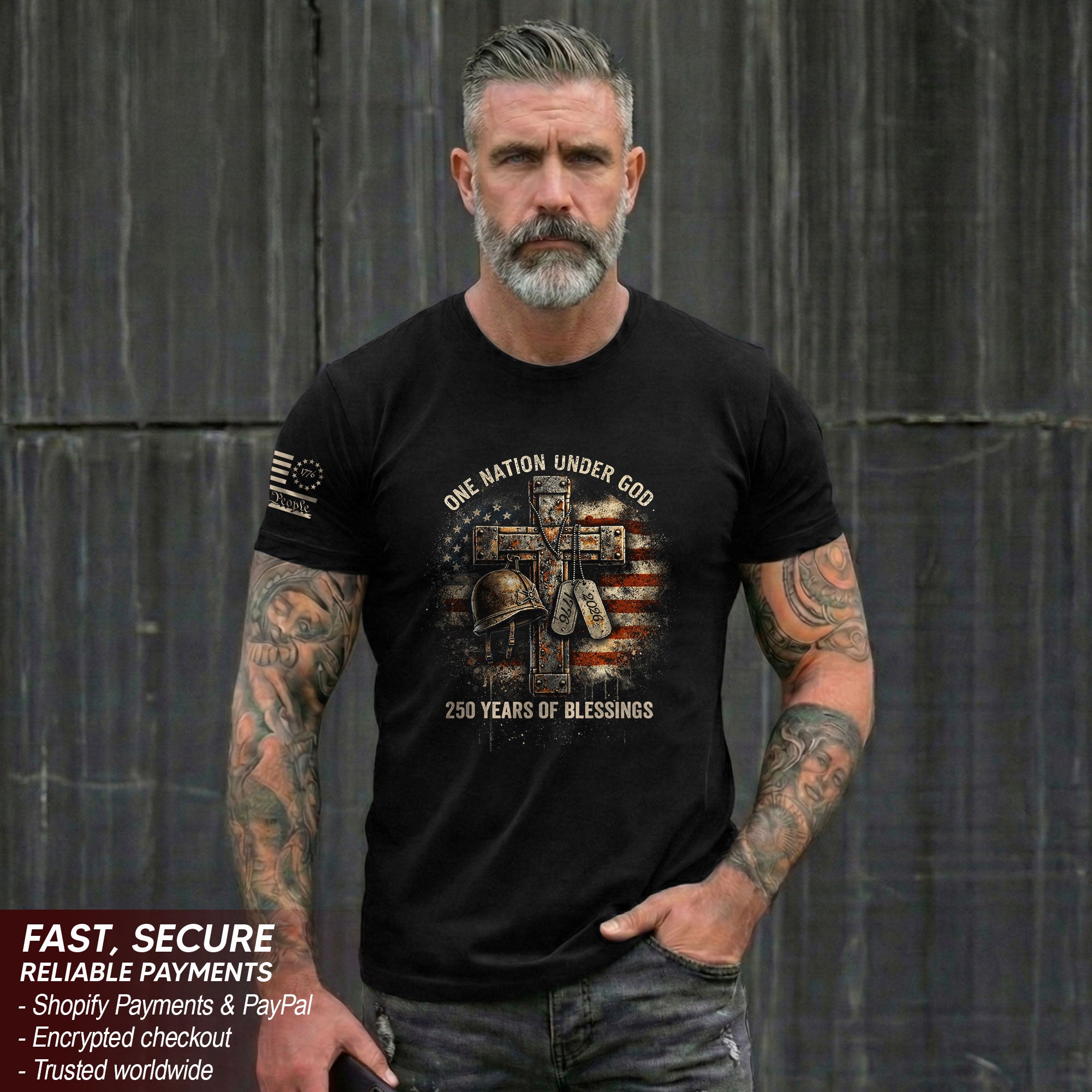 America 250th Anniversary T-Shirt 1776-2026 – Veteran Christian Cross & Dog Tags Tee