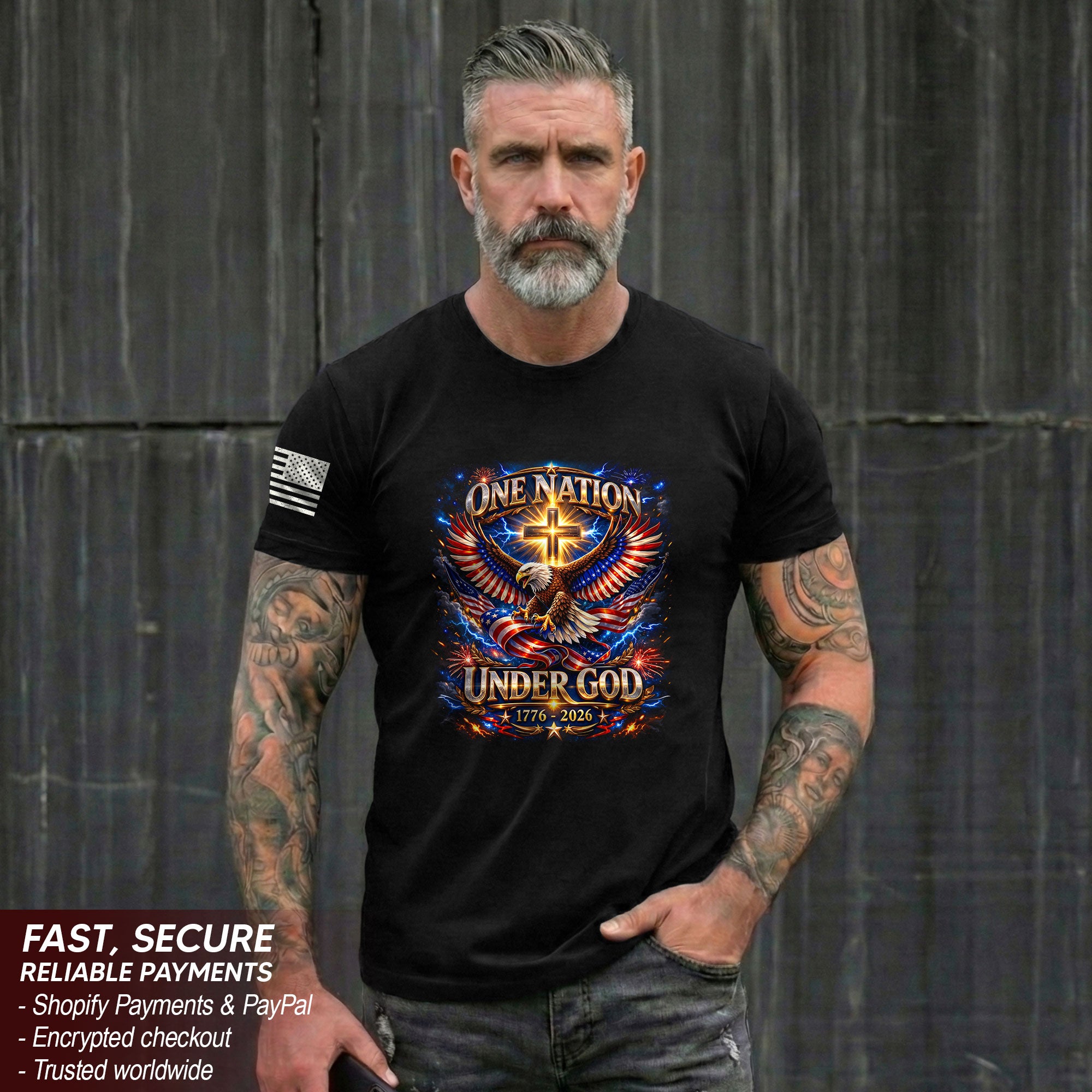 America 250th Anniversary 1776-2026 T-Shirt – USA Eagle & Cross Flag One Nation Under God 250 Years of Faith Patriotic Bootleg Shirt
