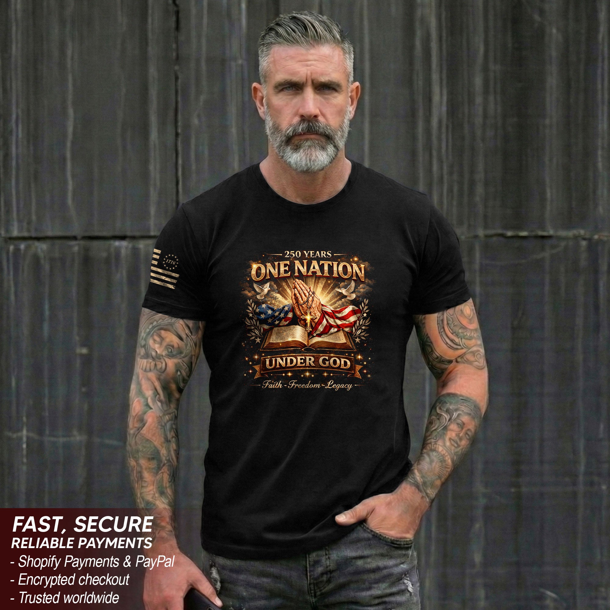 One Nation Under God 250th Birthday of America 1776-2026 T-Shirt – Faith Freedom Legacy Praying Hands Patriotic Merchandise