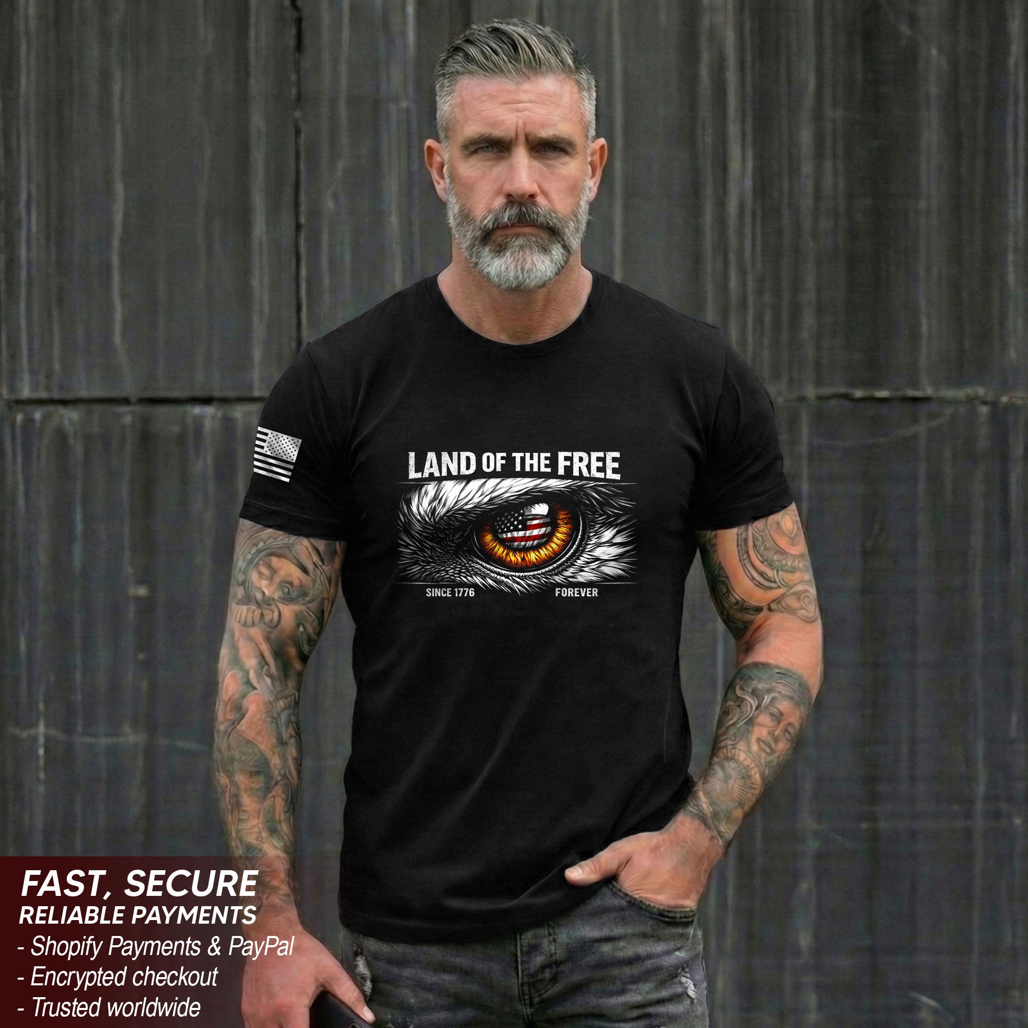 250 Years of Freedom 1776-2026 Patriotic T-Shirt – Eagle Eye & American Flag USA Mens Shirt