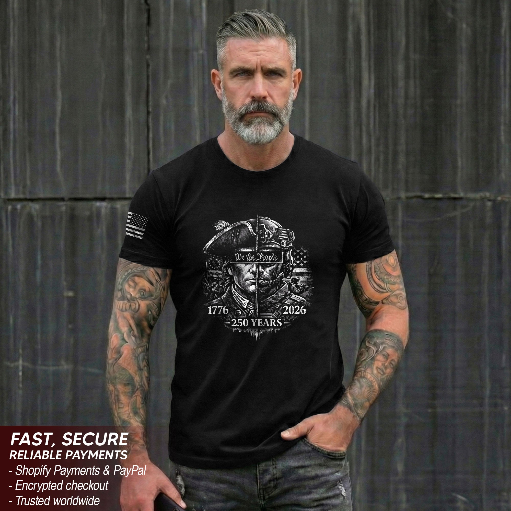 USA 250th Anniversary 1776-2026 T-Shirt – Revolutionary & Modern Soldier We The People Men's Shirt