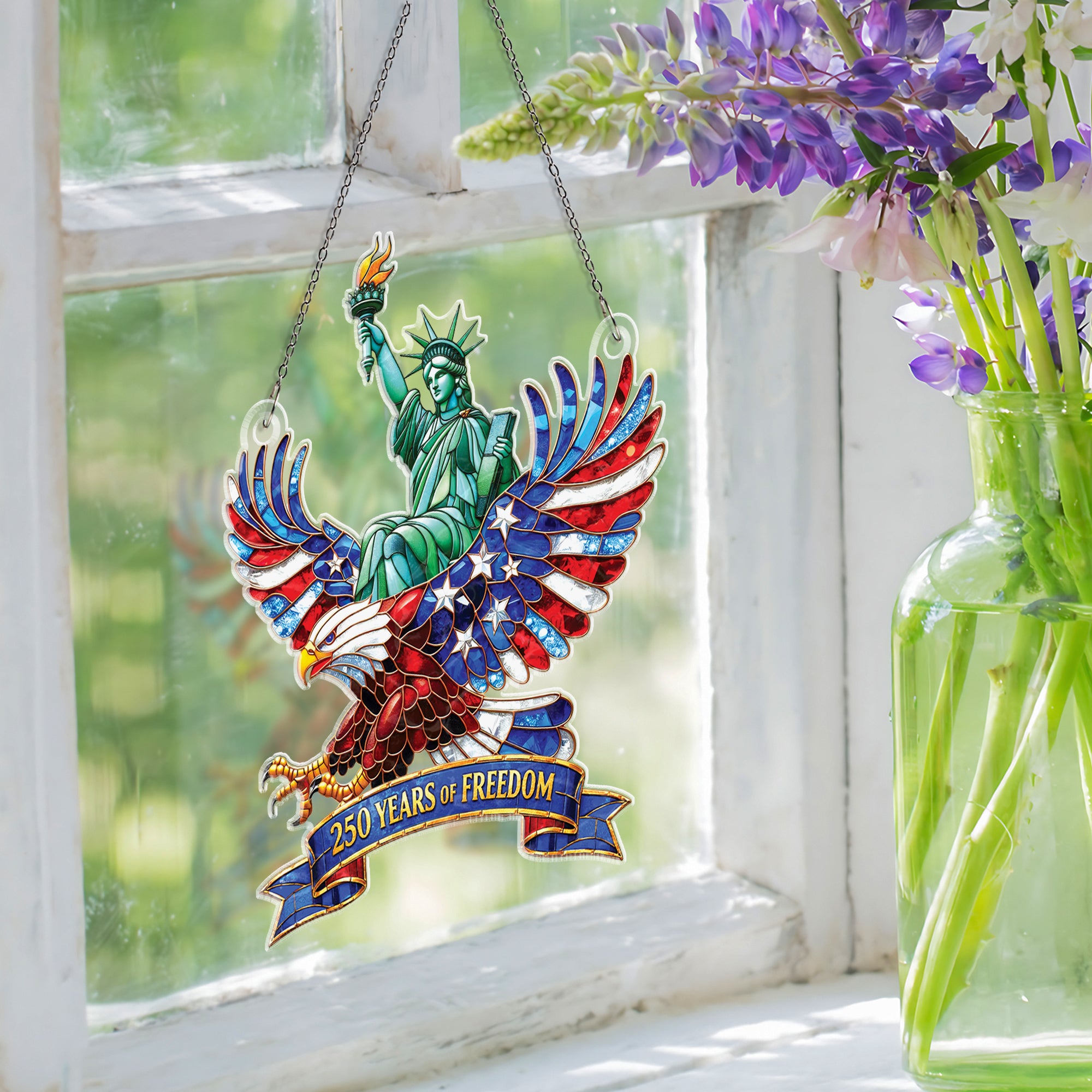 United States 250 Years of Freedom Liberty Eagle Stained Glass Style Acrylic Suncatcher Ornament