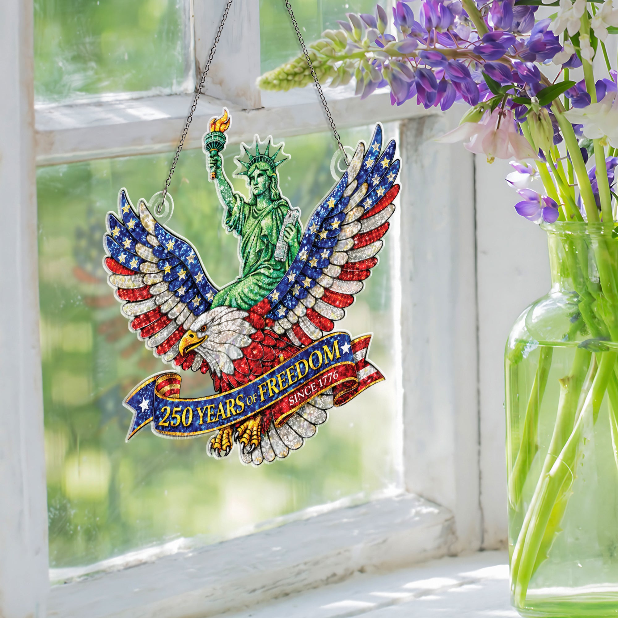 America 250th Anniversary Glitter Eagle Statue of Liberty Patriotic Acrylic Suncatcher Ornament