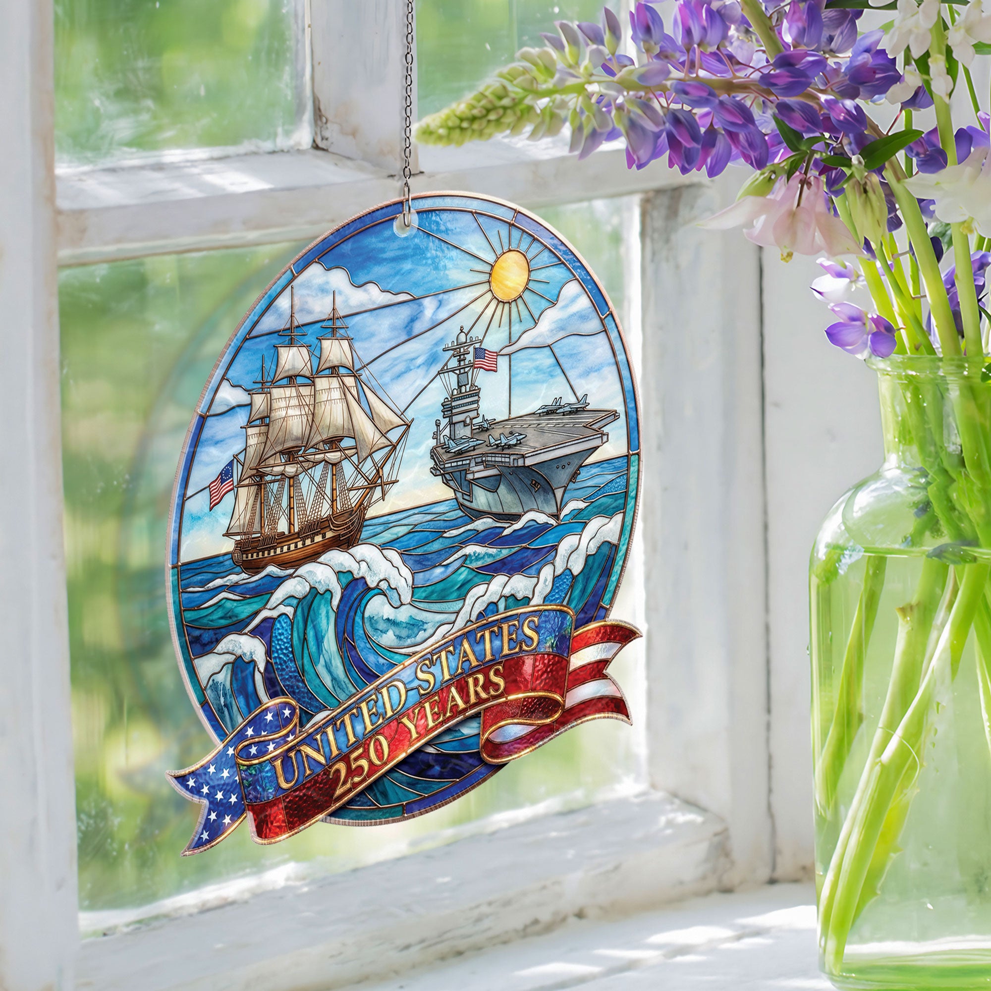 United States 250 Years Naval History Ship and Aircraft Carrier Acrylic Suncatcher Ornament