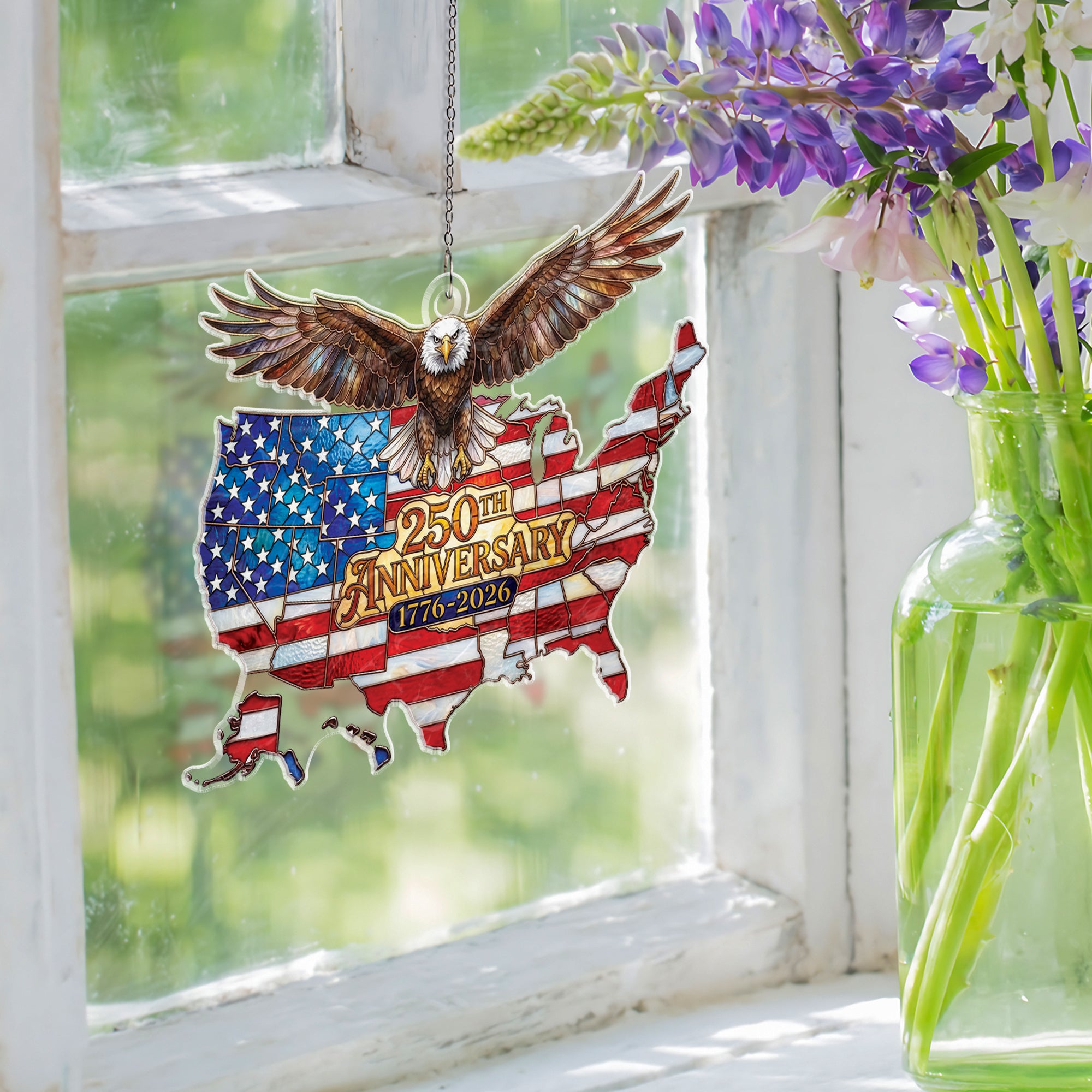 America 250th Anniversary 1776-2026 USA Map and Bald Eagle Acrylic Suncatcher Ornament