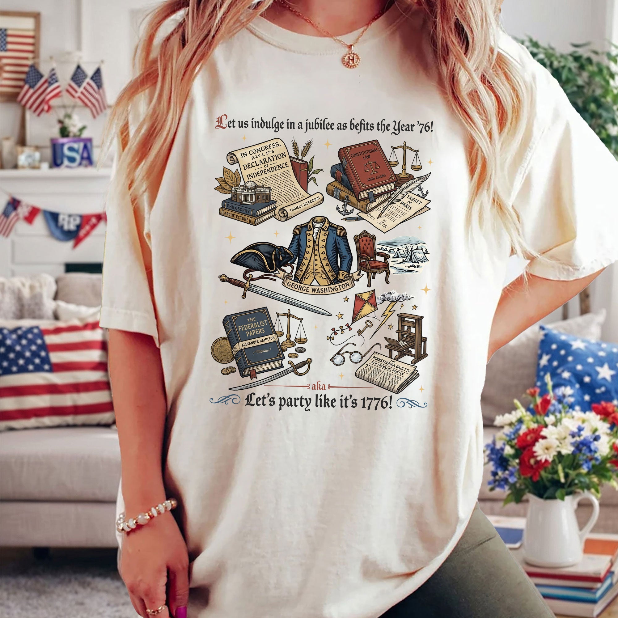 Vintage 1776 American Heritage Shirt Patriotic History Icons Independence Day