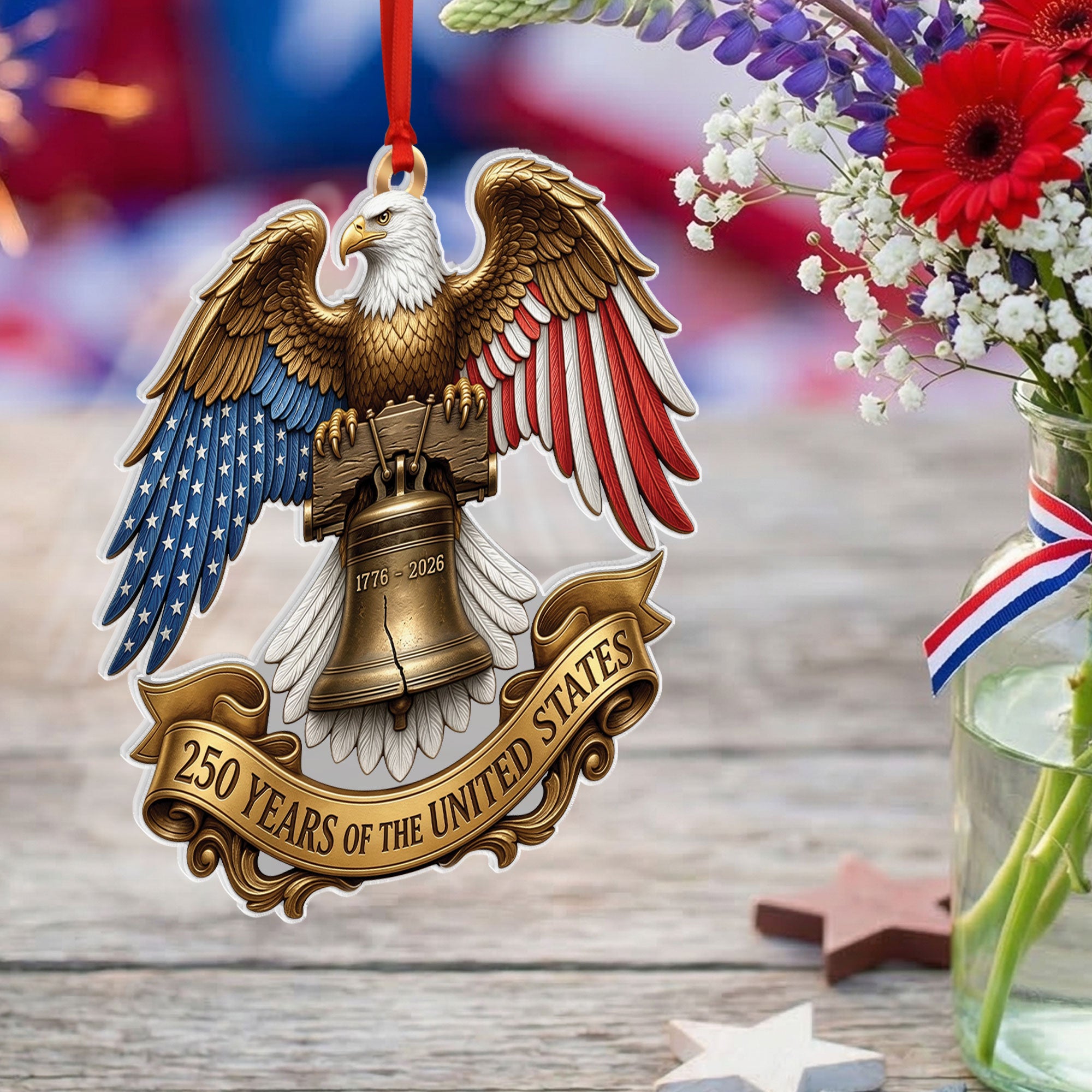 250 Years United States 1776-2026 Golden Ribbon Liberty Bell Eagle Acrylic Ornament
