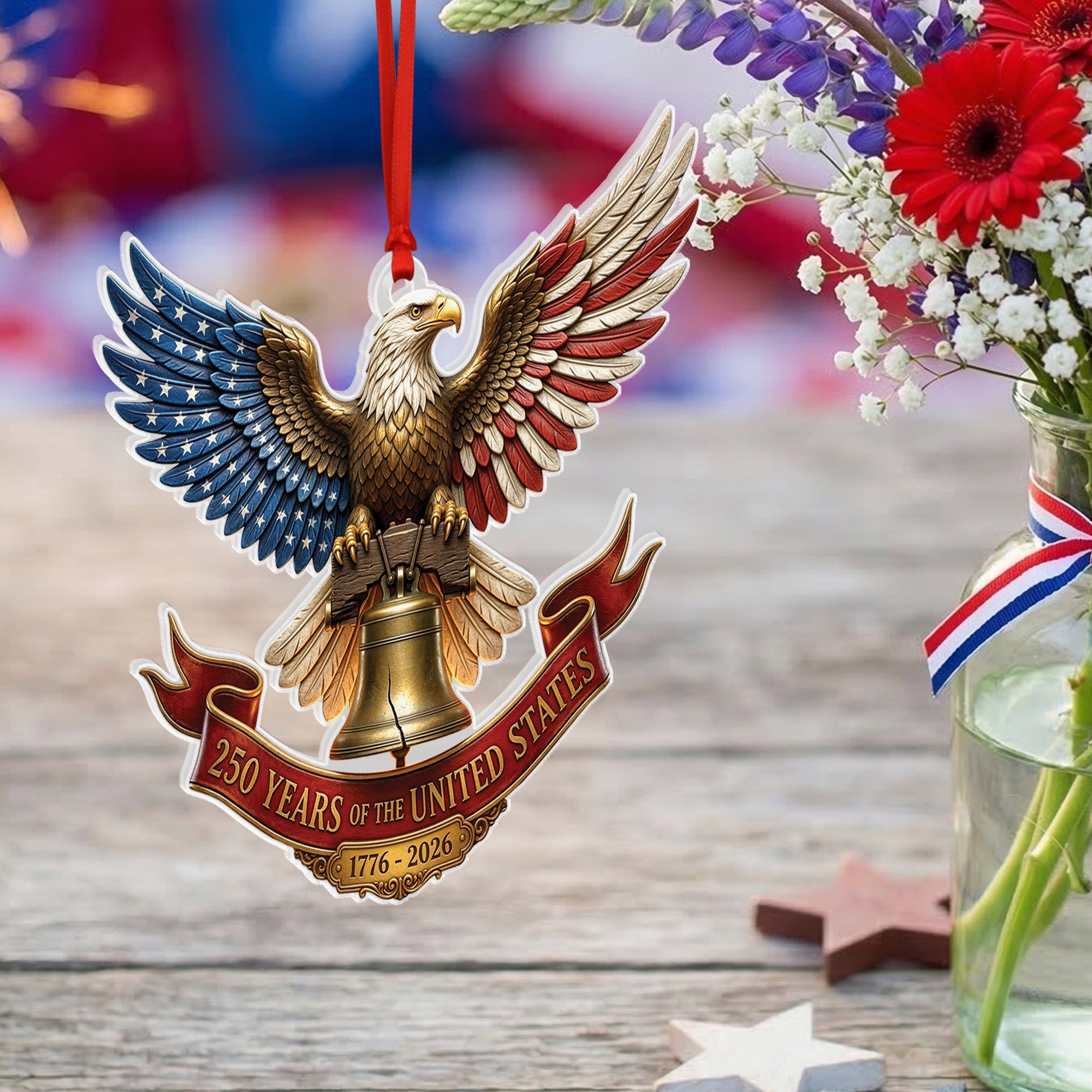 United States 250 Years 1776-2026 Patriotic Red Ribbon Liberty Bell Acrylic Ornament