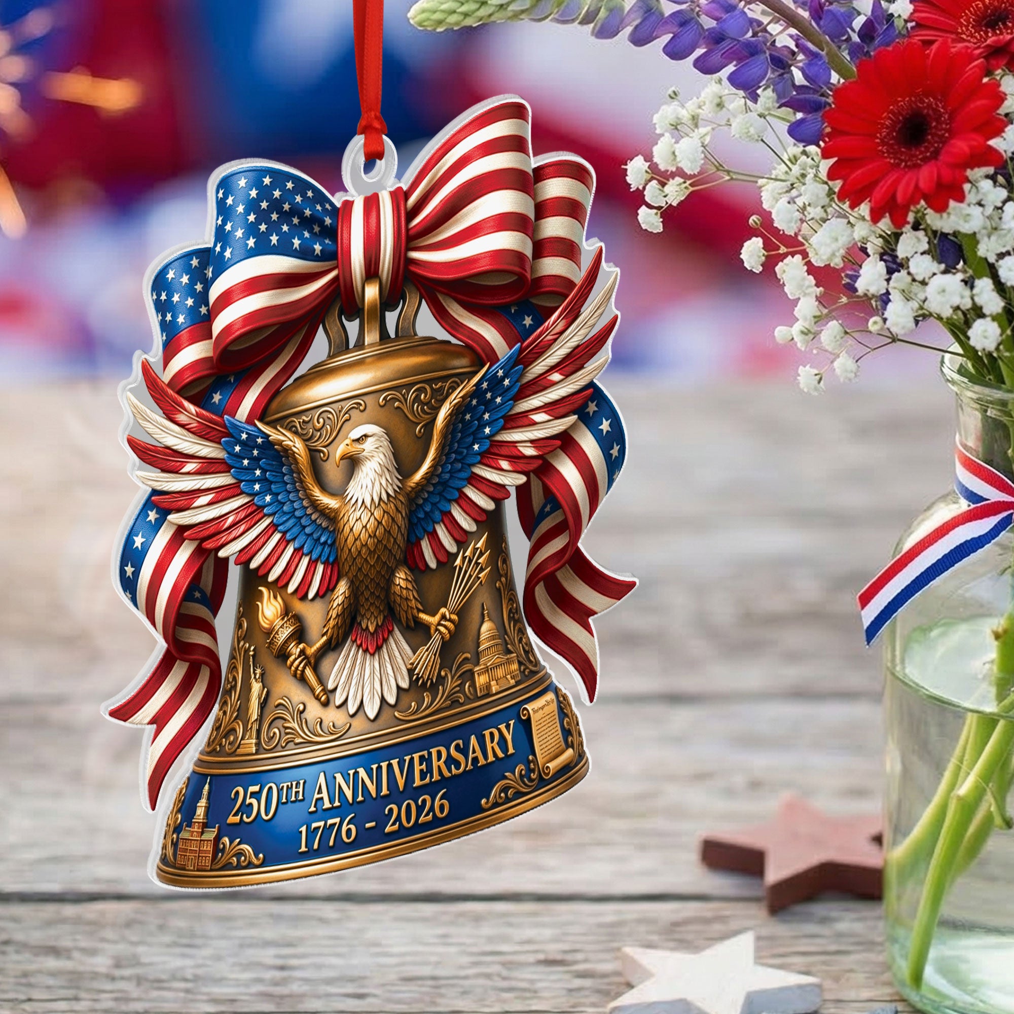 United States 250th Anniversary 1776-2026 Red White Blue Bow Acrylic Ornament Keepsake