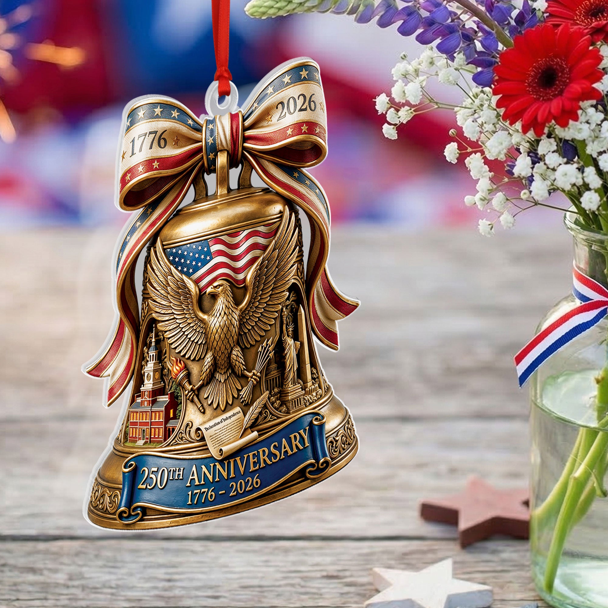 250th Anniversary 1776-2026 Liberty Bell Eagle Stars Bow Flat Acrylic Ornament Gift