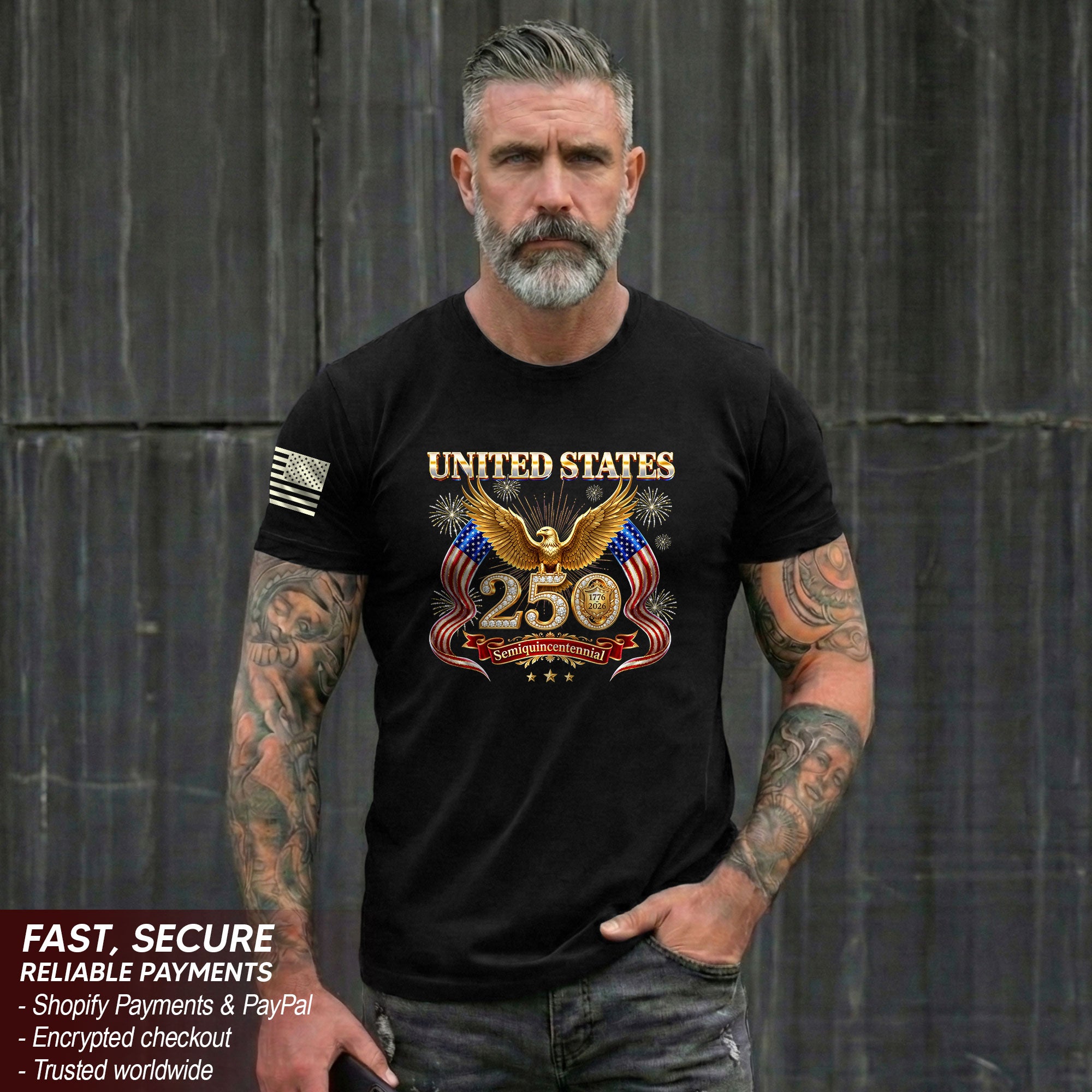 United States 250 Years 1776-2026 T-Shirt - Golden Eagle Patriotic Fireworks Luxury Tee