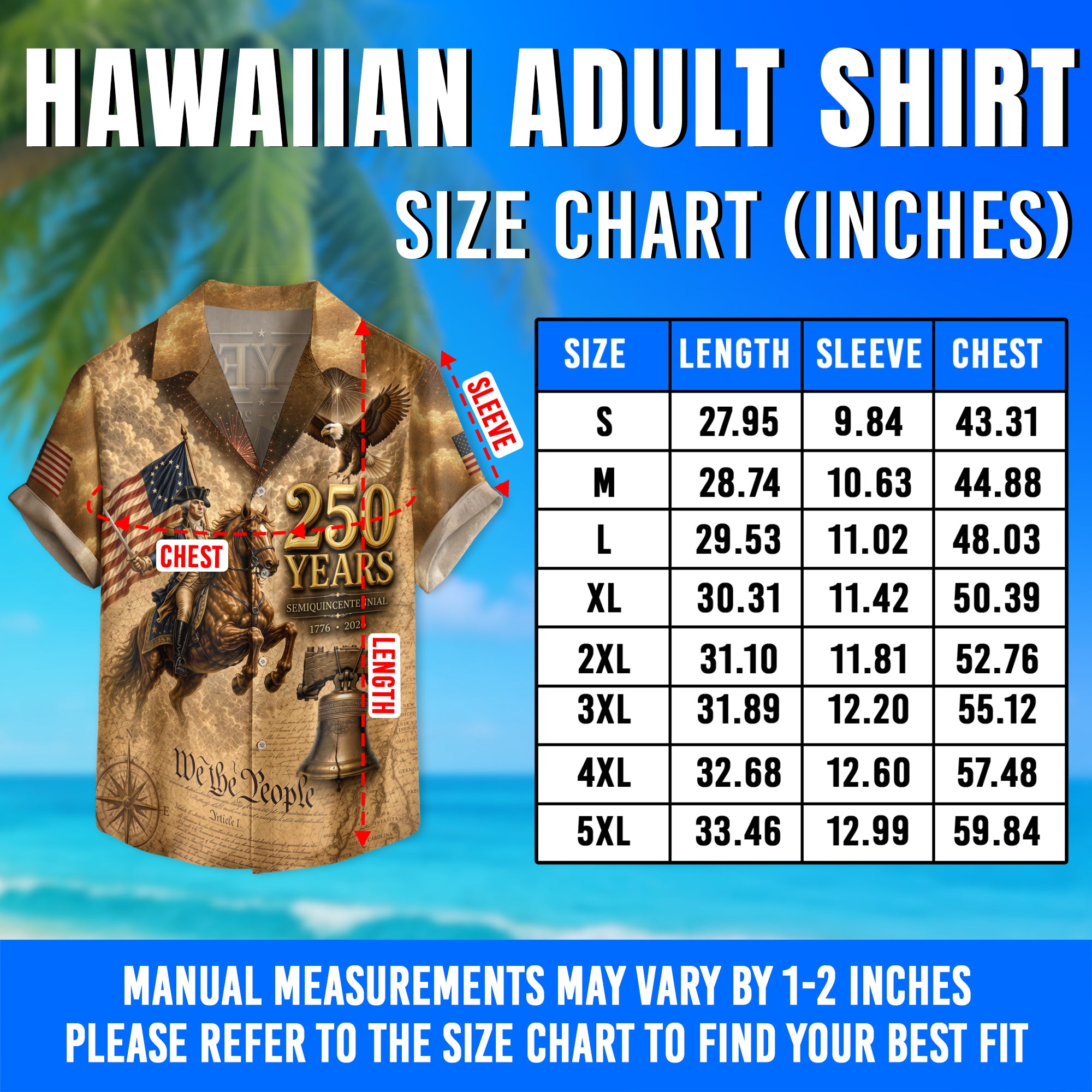 Hawaiian Shirt Patriotic 1776-2026 George Washington US Flag Liberty Bell