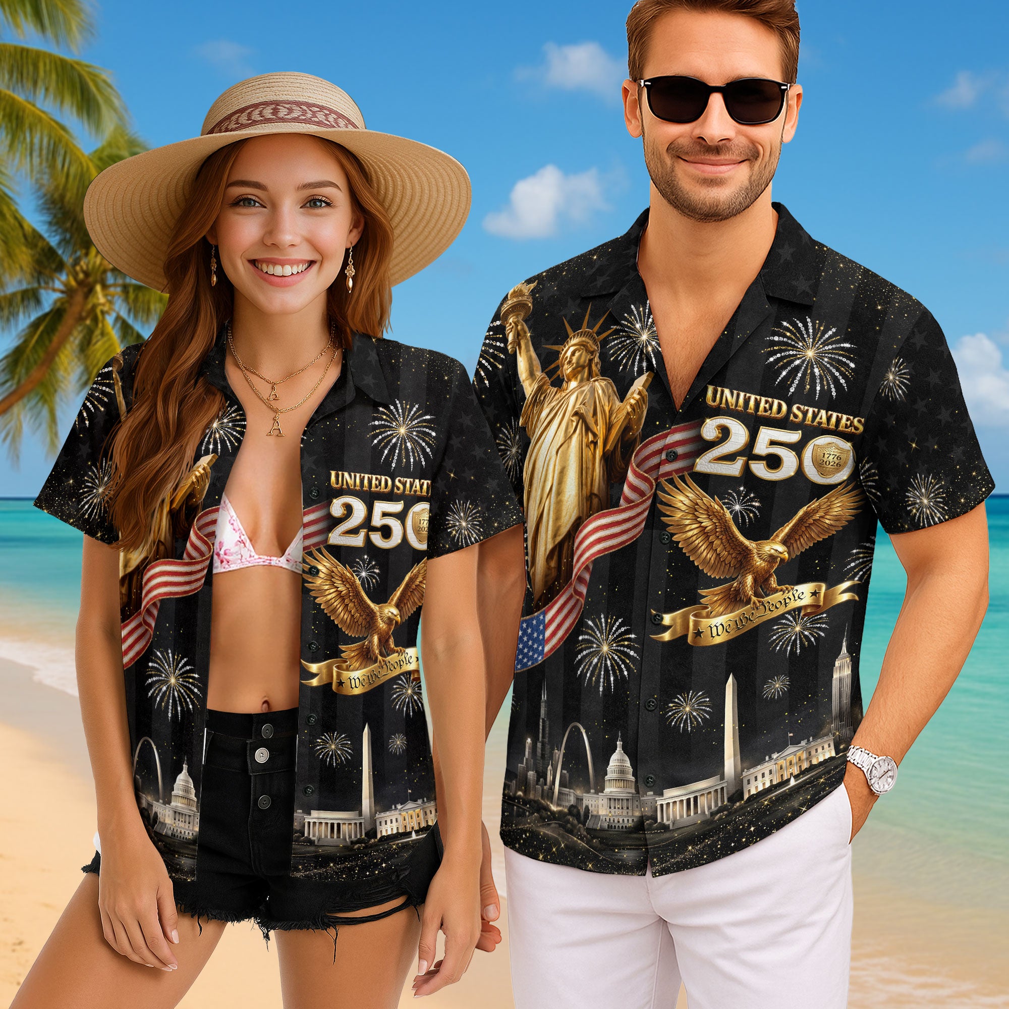 Hawaiian Shirt Statue of Liberty Fireworks 1776 2026 Patriotic US 250th Anniversary
