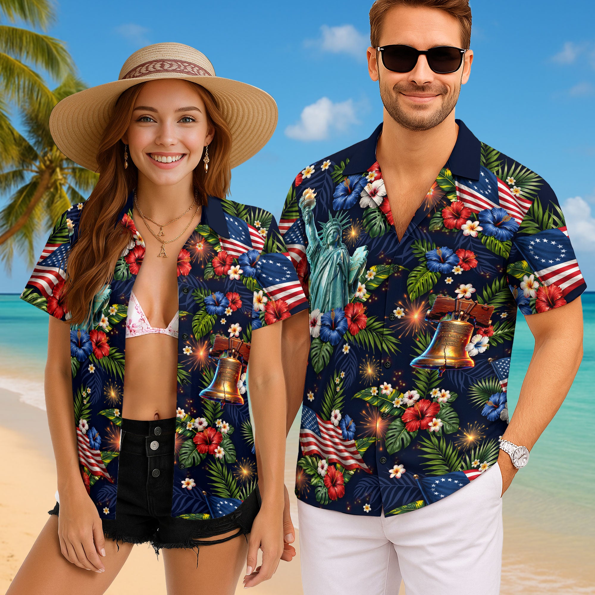 Hawaiian Shirt Patriotic US Flag Hibiscus Floral Eagle Liberty Bell Independence Day