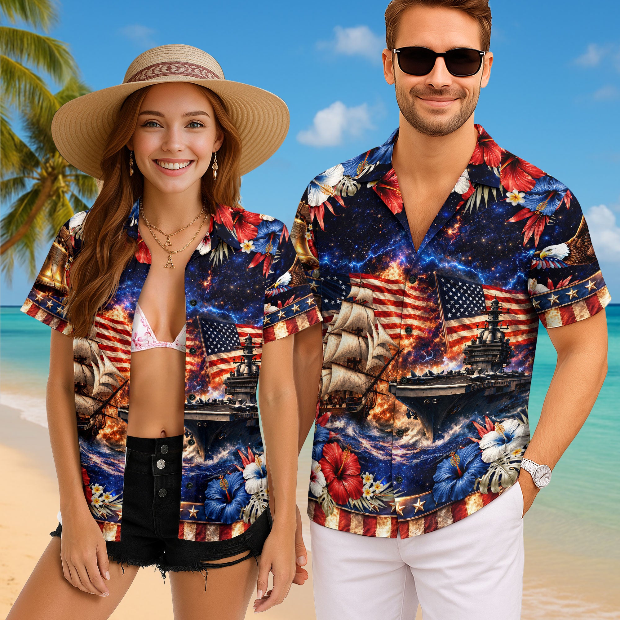 Patriotic 250 Years Hawaiian Shirt American Flag Battleship Summer Vacation Gift