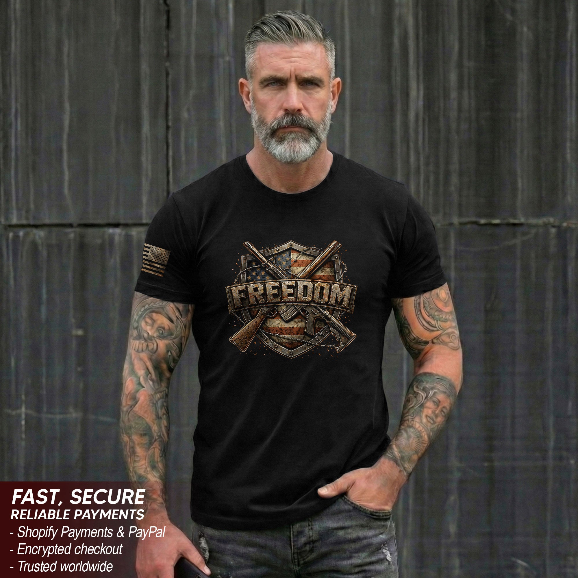 Freedom 2D Shield T-Shirt - Patriotic 2nd Amendment Graphic Tee & American Flag Rifles