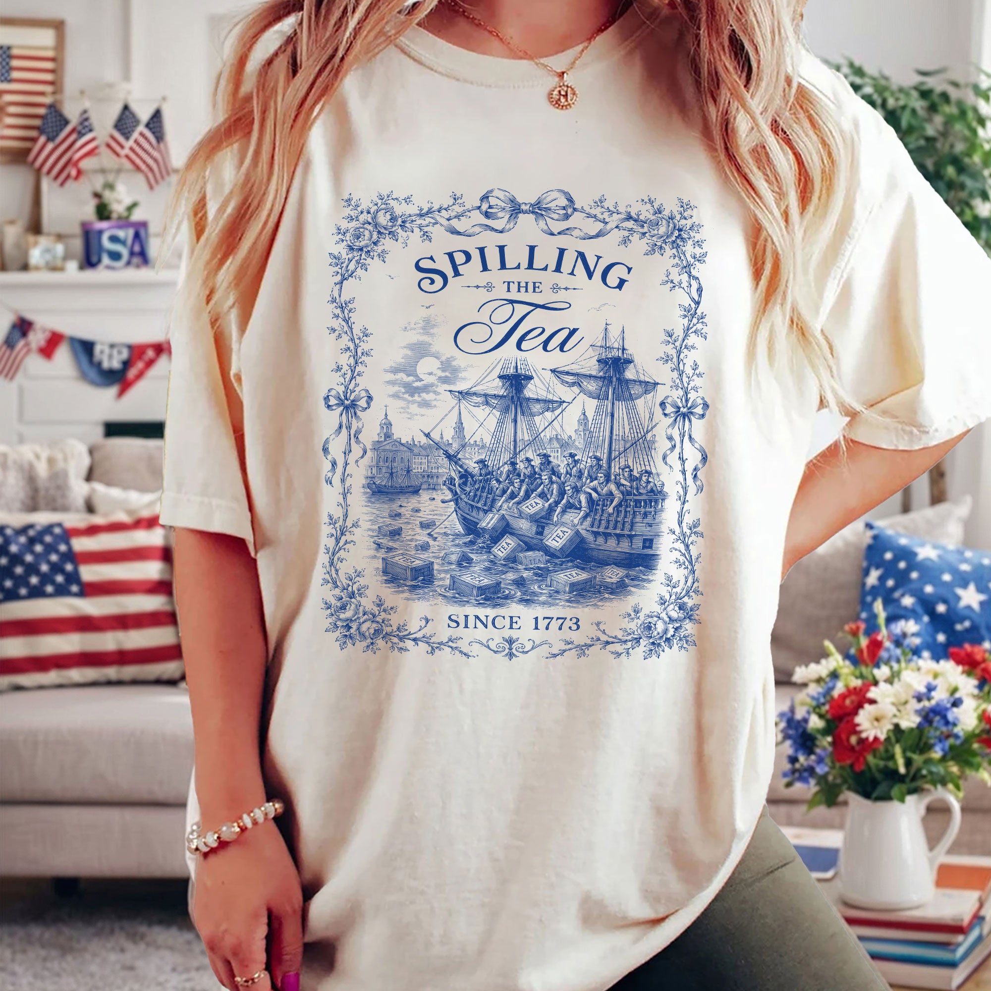 Spilling The Tea Since 1773 Shirt Vintage Blue Floral Tee Classic Boston Tea Party Top