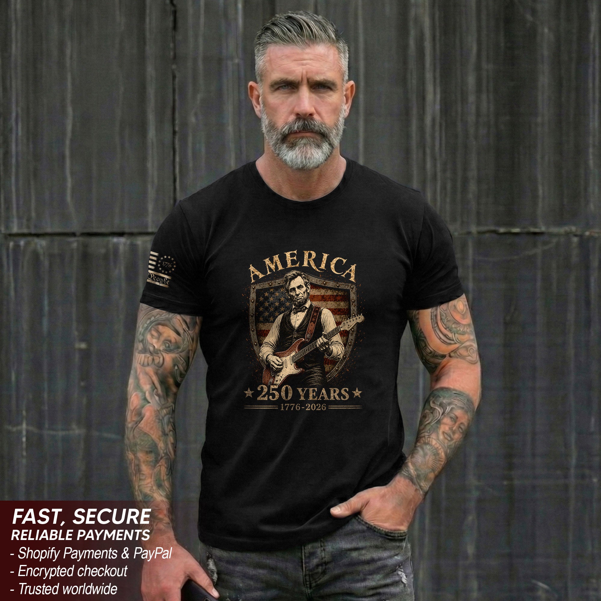 Patriotic Shield Lincoln Guitar Shirt We The People Vintage 1776 2026 US Flag Men Tee
