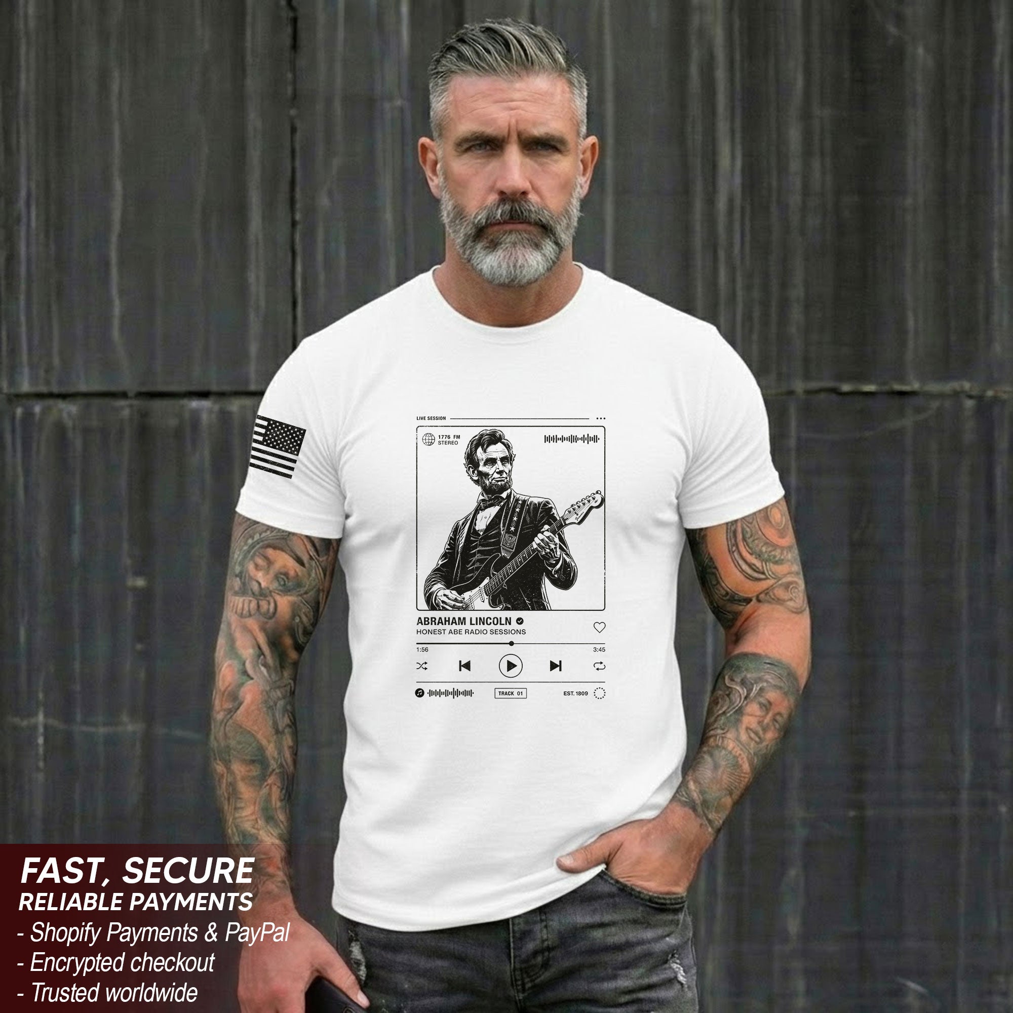 Abraham Lincoln Guitar Shirt Music Player Graphic Tee Patriotic Sketch Shirt