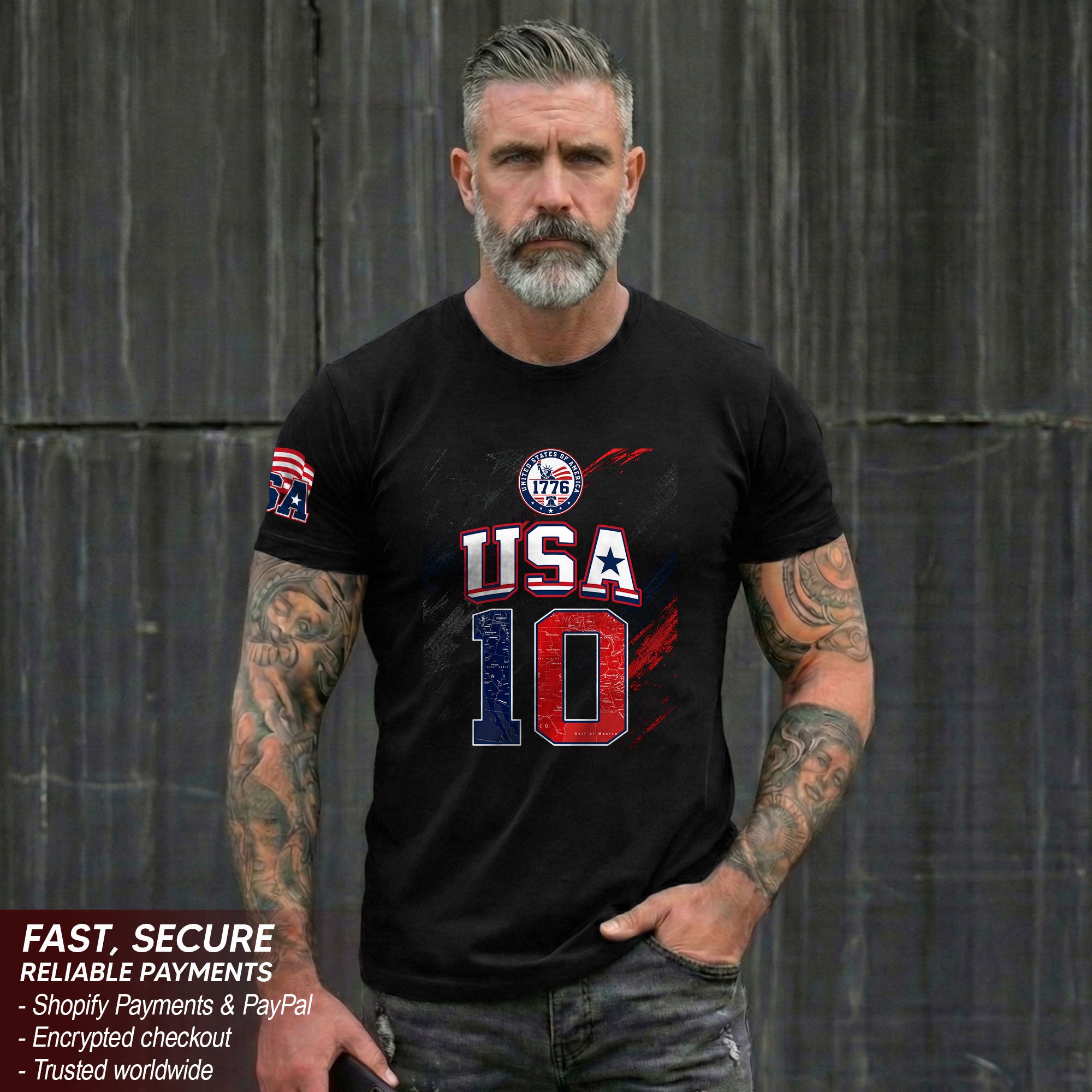 USA 1776 Sport Graphic Tee Patriotic Number 10 Map Design Casual Short Sleeve Shirt