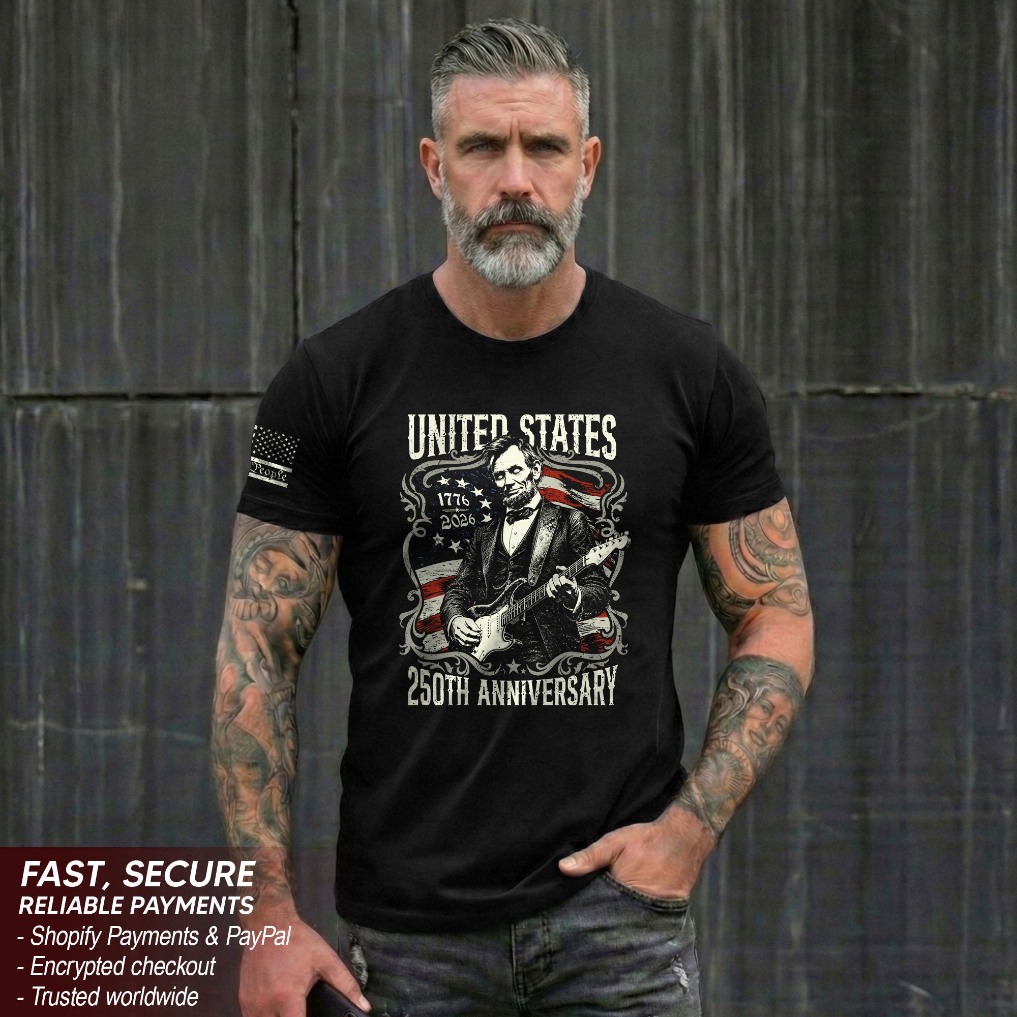 United States 250th Anniversary Shirt Abraham Lincoln Rock Guitar Patriotic Apparel