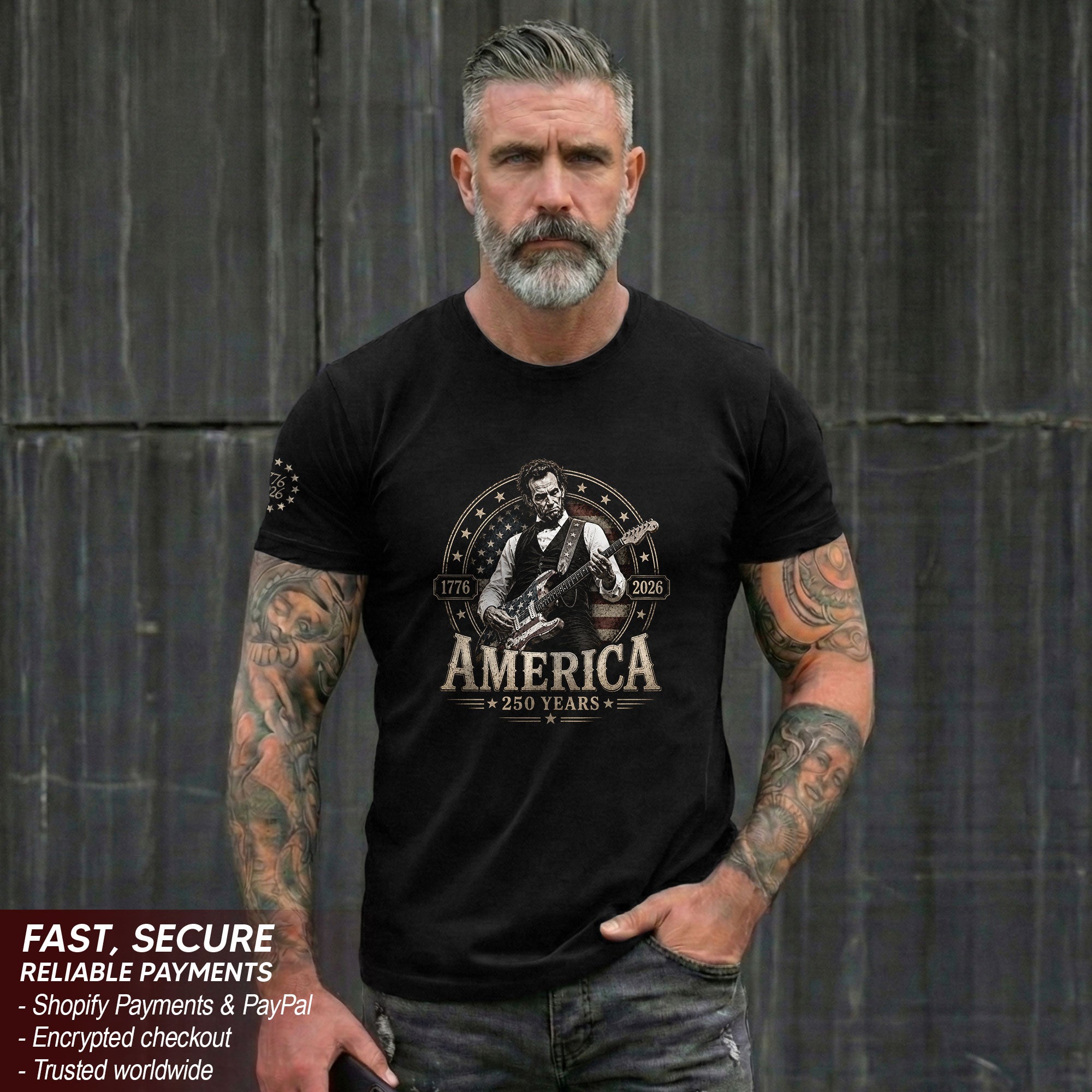 Mens T Shirt Patriotic 250 Years 1776-2026 Abraham Lincoln Star Badge Graphic Tee