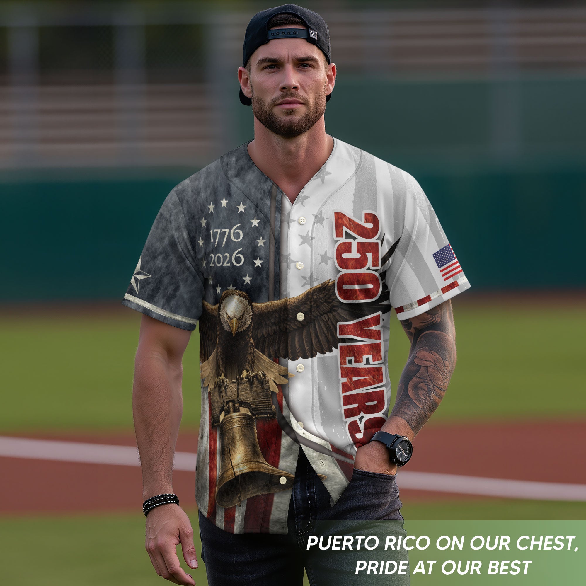 America Baseball Jersey 250 Years 1776-2026 Liberty Bell Eagle Patriotic Men Shirt - Rust Field Wear