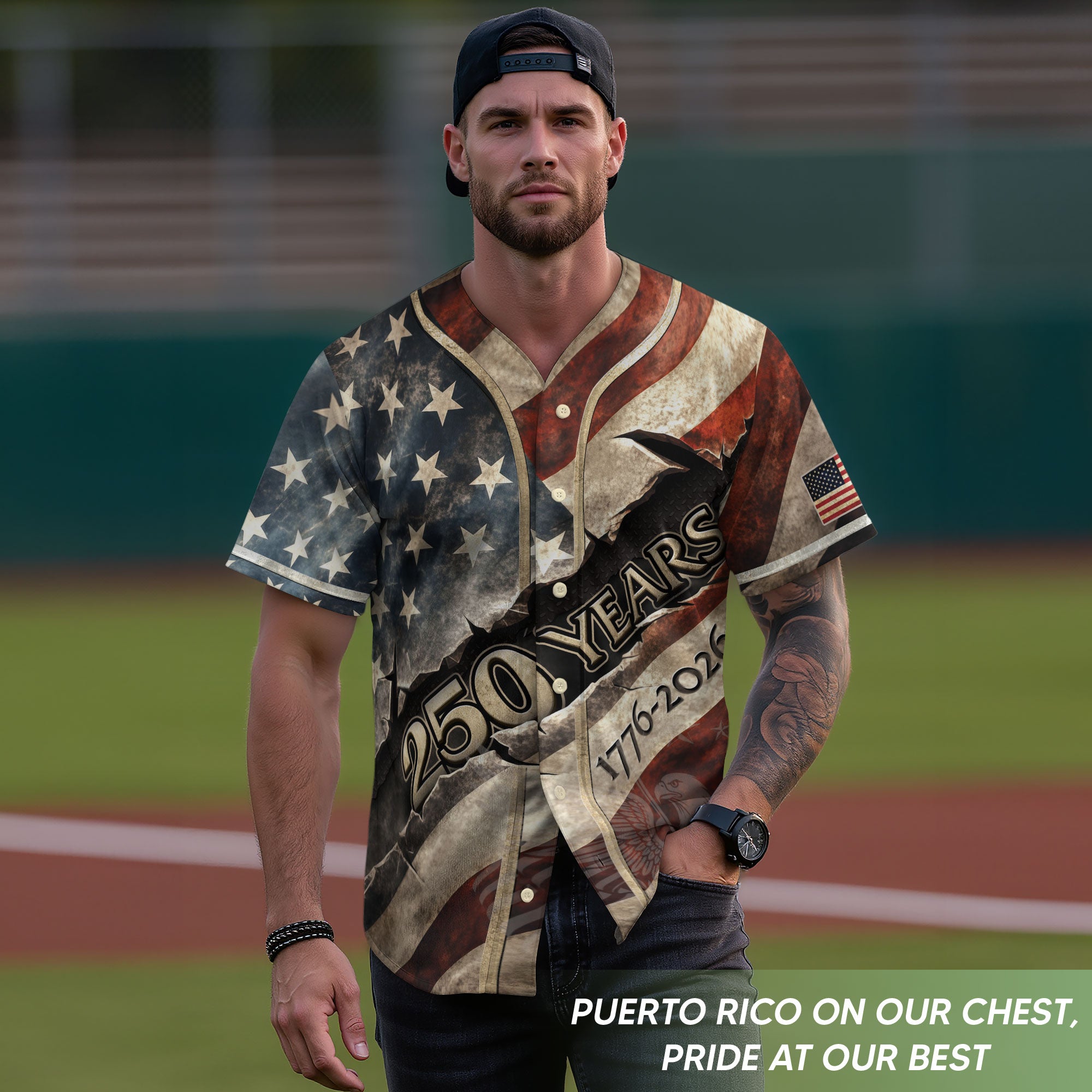 America Baseball Jersey 250 Years 1776-2026 Ripped Flag Patriotic Statue Of Liberty - Rust Field Wear