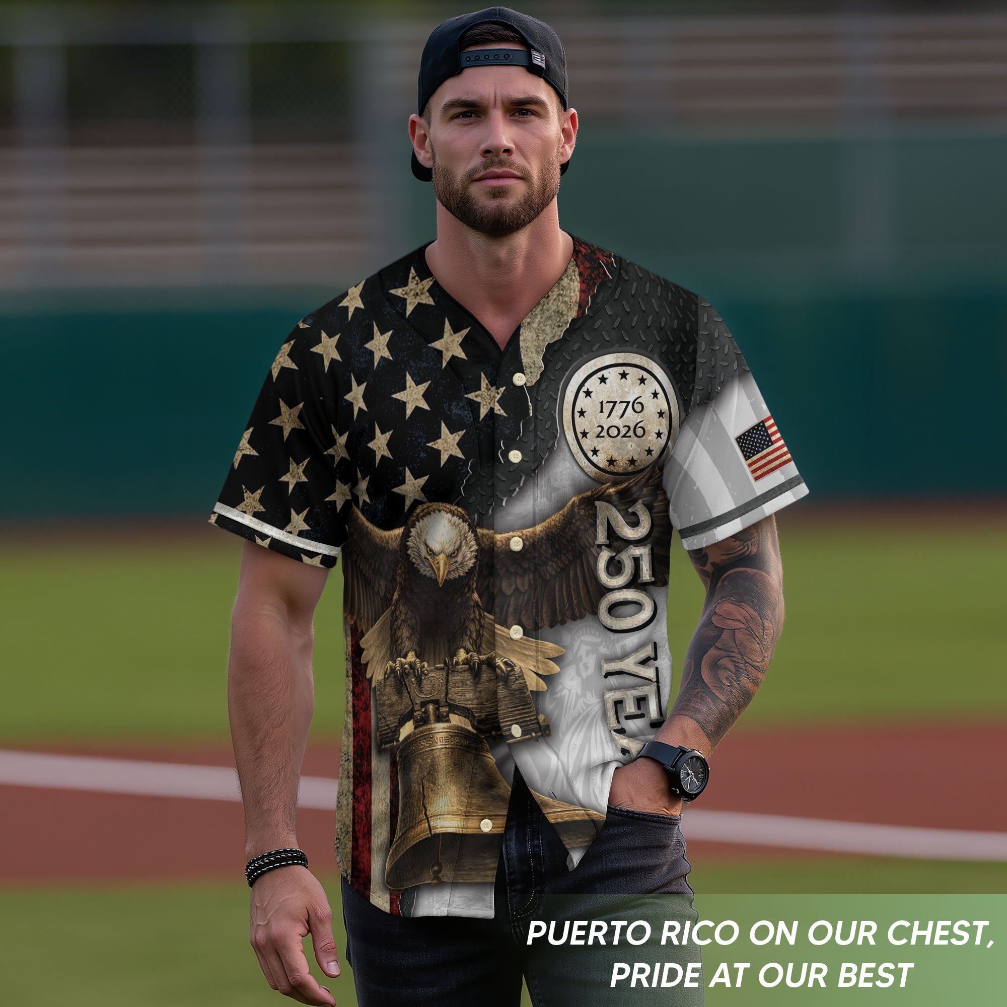 America Baseball Jersey 250 Years 1776-2026 Eagle Liberty Bell Patriotic Button Shirt - Rust Field Wear