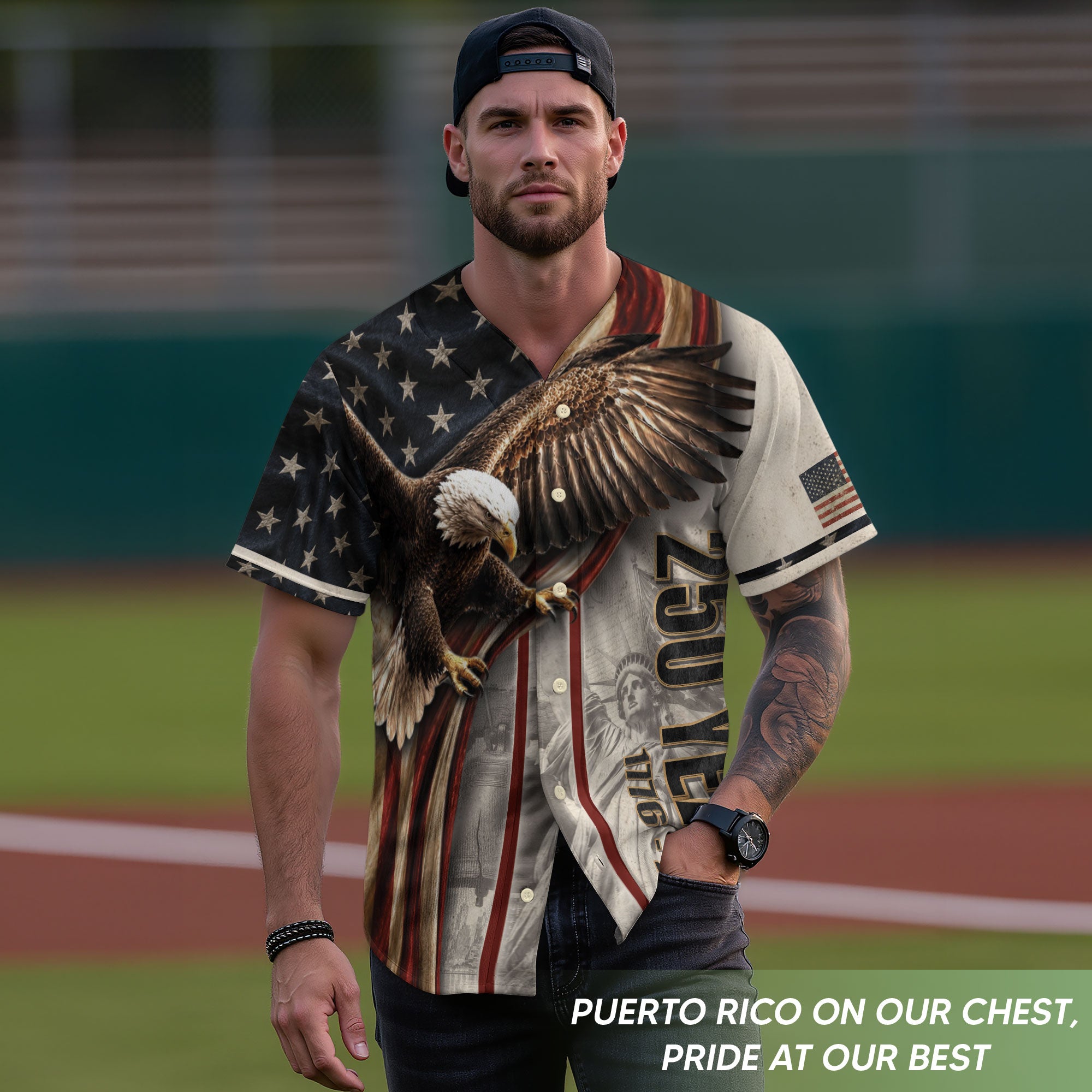America Baseball Jersey 250 Years 1776-2026 Flying Eagle Patriotic Statue Of Liberty - Rust Field Wear
