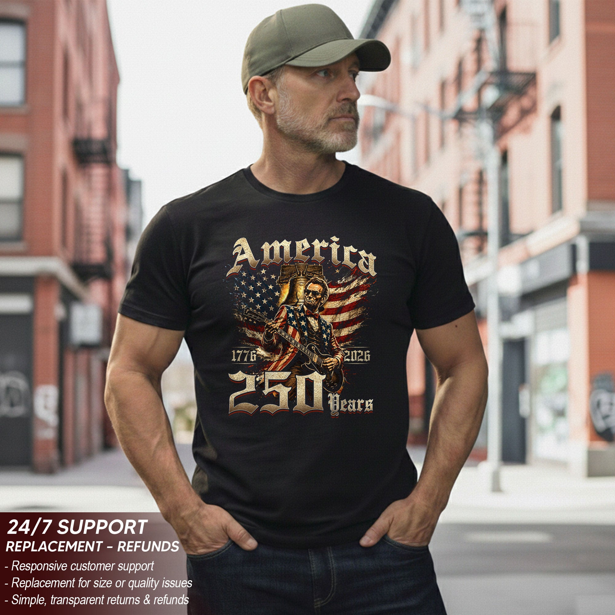 Lincoln Rock Guitar Patriotic T-Shirt - Vintage 1776 2026 Liberty Bell Graphic Tee
