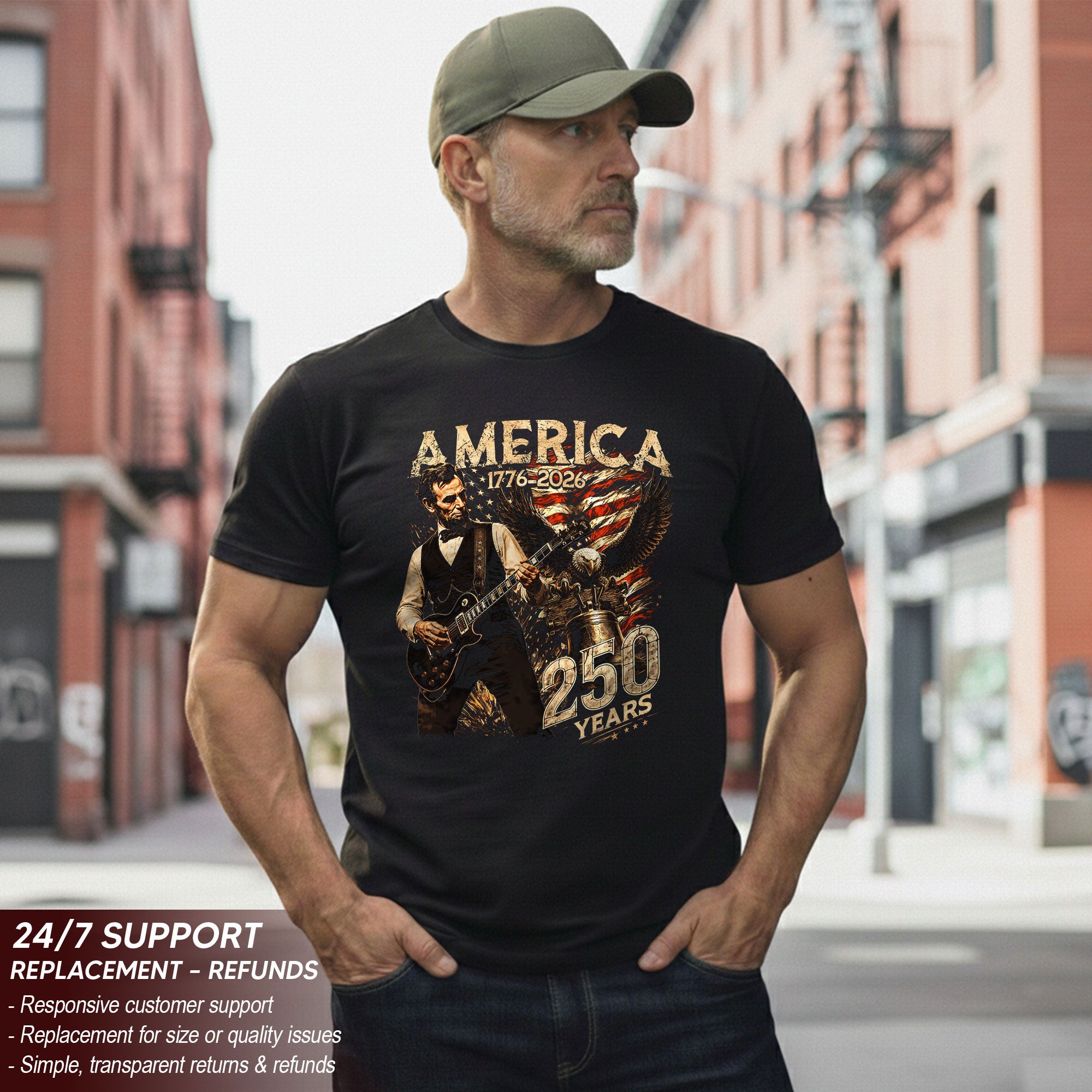 Abraham Lincoln T Shirt Rockstar Guitar Design - Vintage Eagle 1776 2026 Patriotic Tee