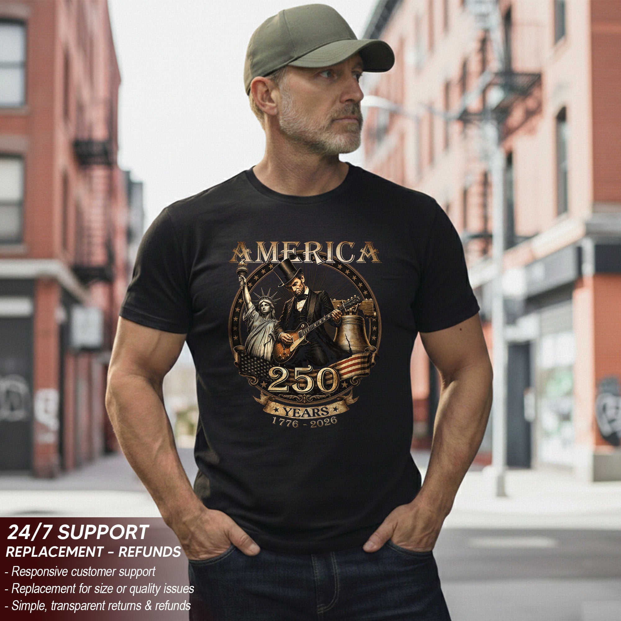 Lincoln Rock Guitar Patriotic T-Shirt - Vintage Statue of Liberty 1776 2026 Apparel