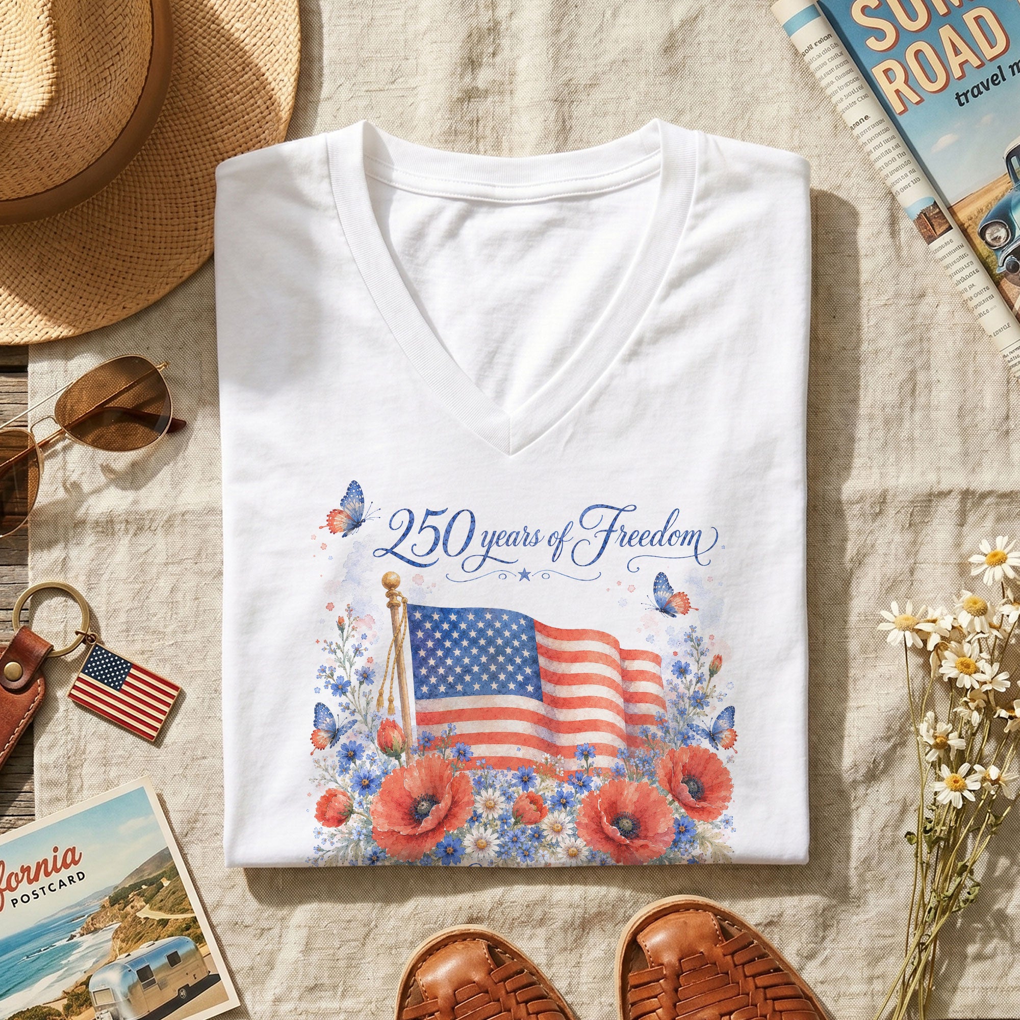 American Flag Floral V-Neck Shirt - 250 Years of Freedom Patriotic Graphic Tee Women