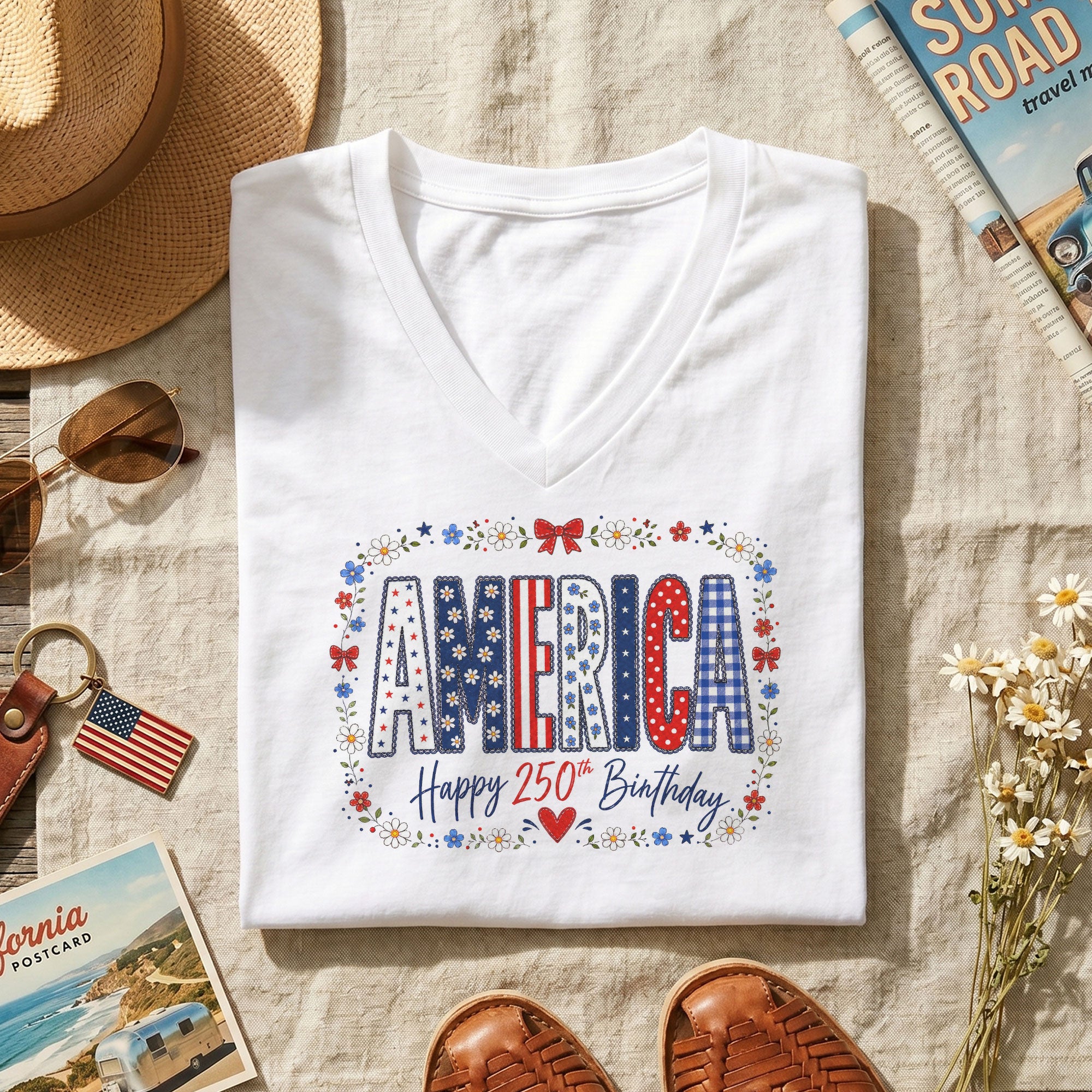Happy 250th Birthday V-Neck Shirt - Patriotic American Flag Pattern Graphic Tee Women