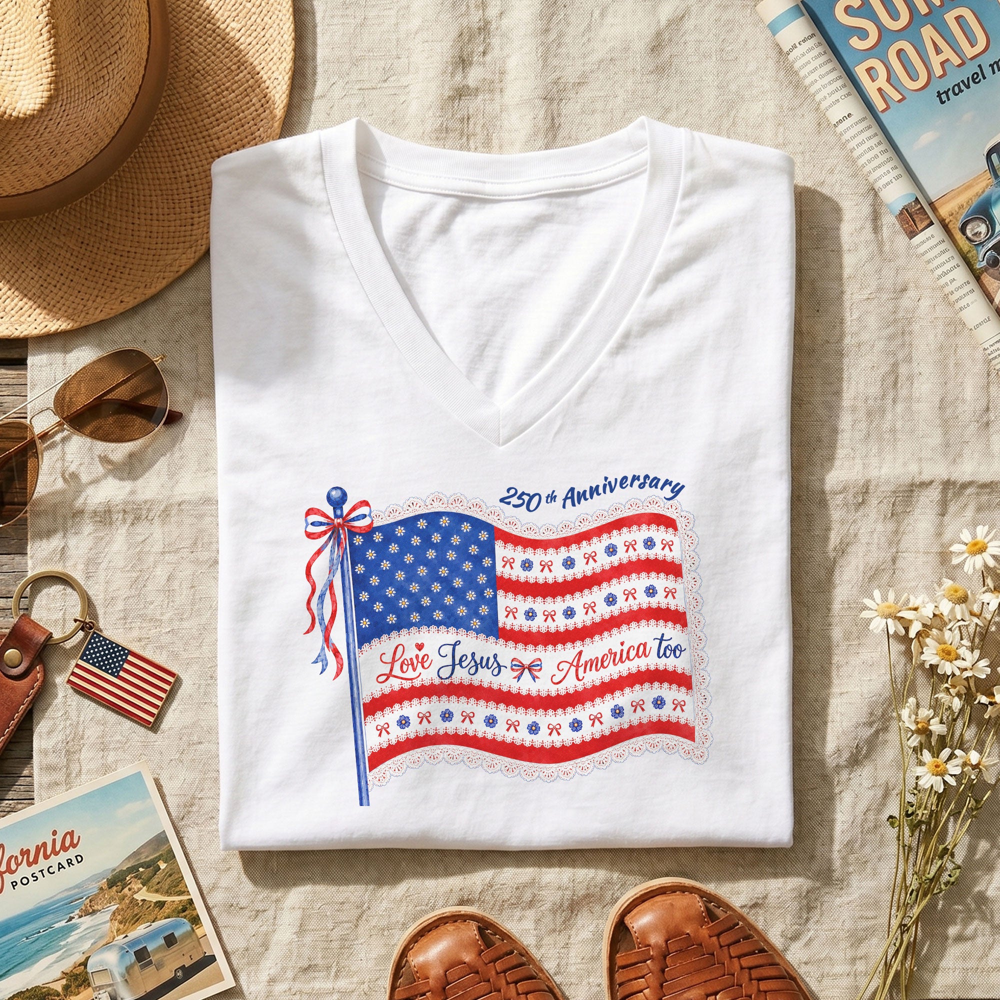 Love Jesus and America Too V-Neck Shirt - 250th Anniversary Patriotic Graphic Tee Women