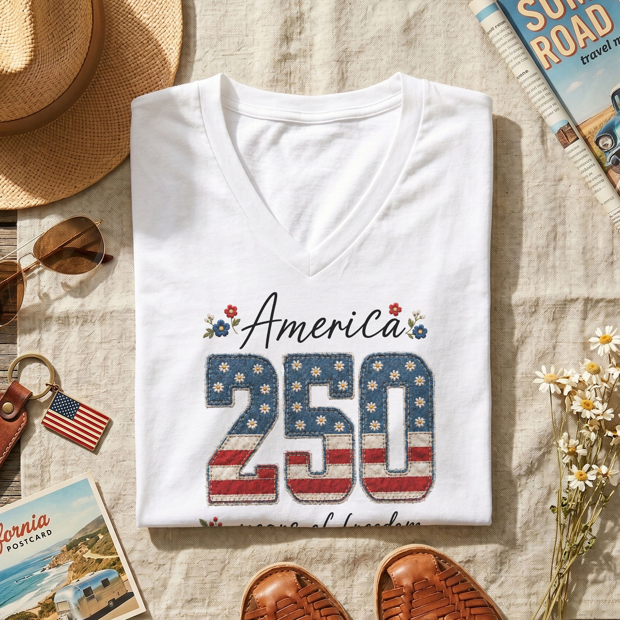 250 Years of Freedom V-Neck Shirt - Patriotic 1776-2026 American Graphic Tee Women