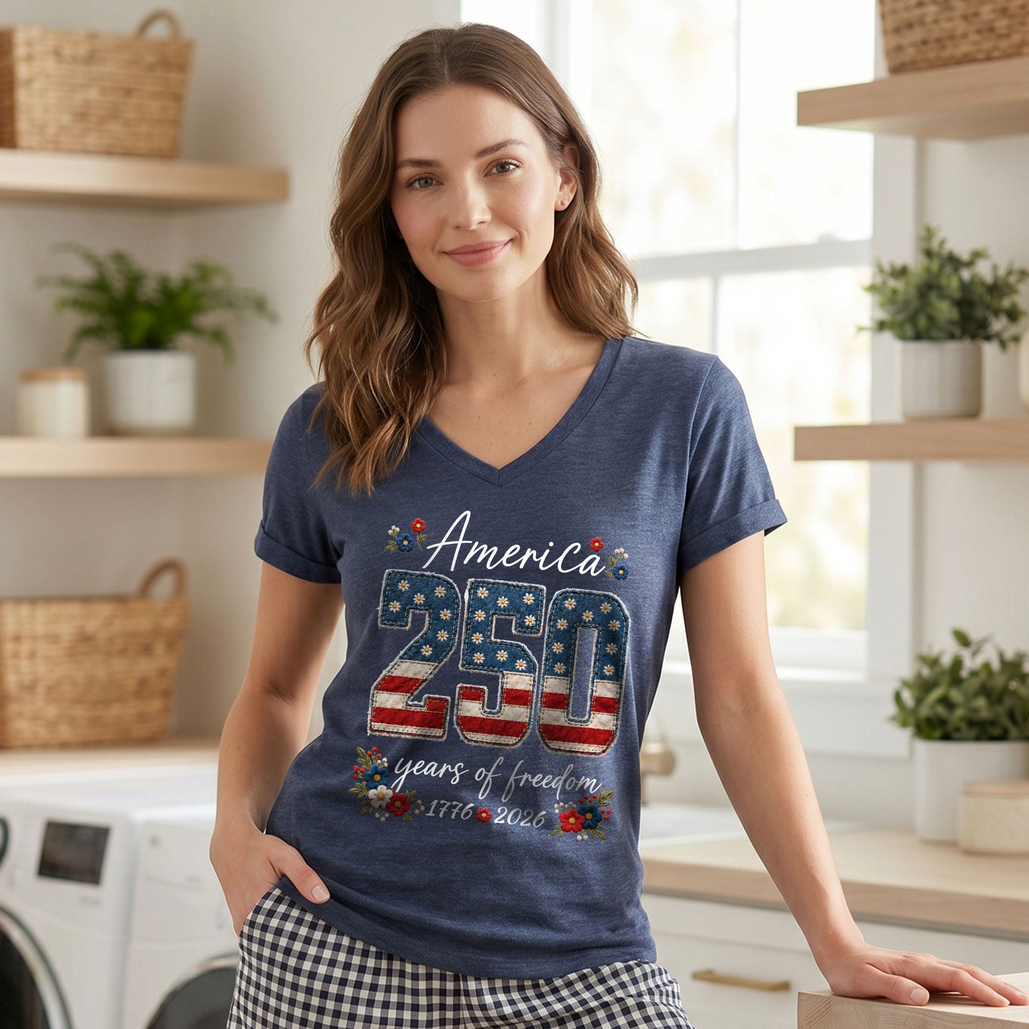 V-Neck 250 Years of Freedom Shirt - Patriotic 1776-2026 American Graphic Tee Women