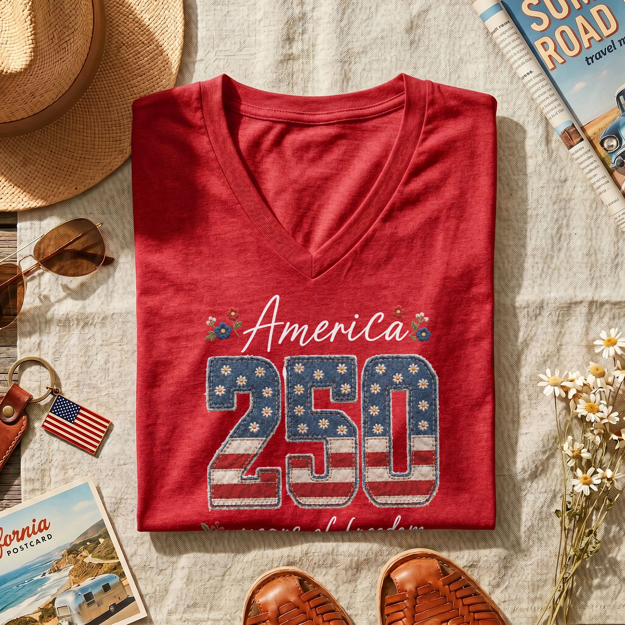 V-Neck 250 Years of Freedom Shirt - Patriotic 1776-2026 American Graphic Tee Women