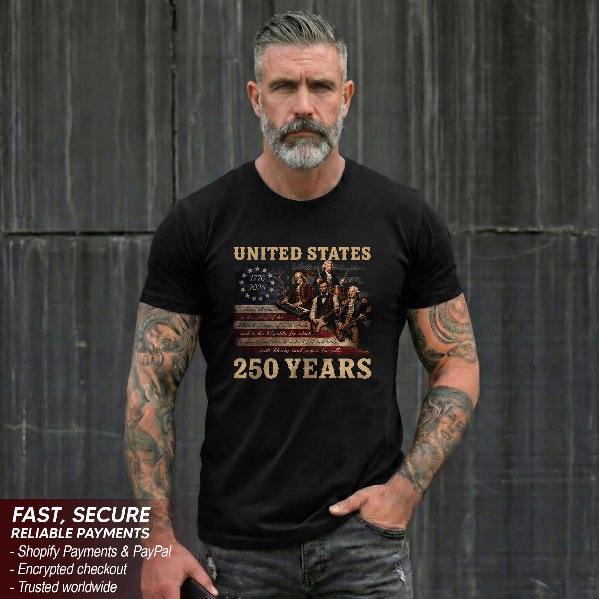Founding Fathers Presidents Rock Band T-Shirt 250 Years Vintage 1776-2026 Apparel - Rust Field Wear