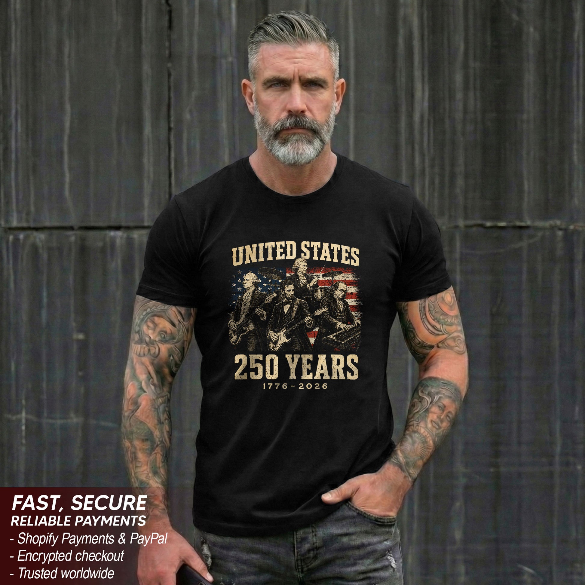 Founding Fathers Presidents Rock Band T-Shirt 250 Years Vintage 1776-2026 Patriotic - Rust Field Wear