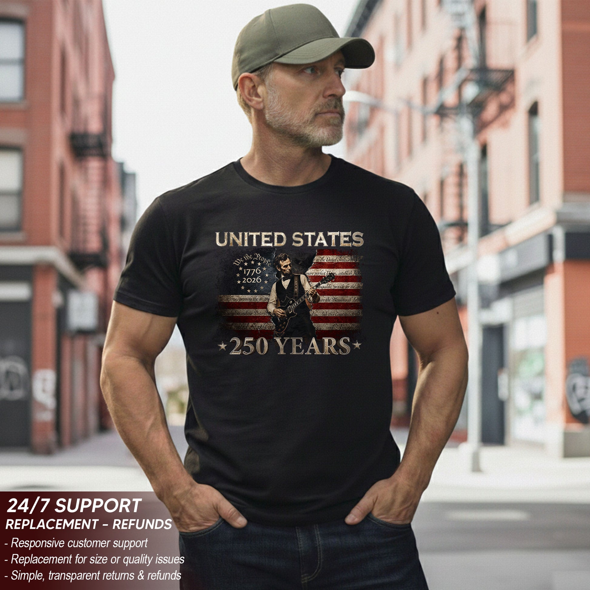 Lincoln 1776-2026 Patriotic Graphic T Shirt - Unisex Summer Tee for History Fans - Rust Field Wear