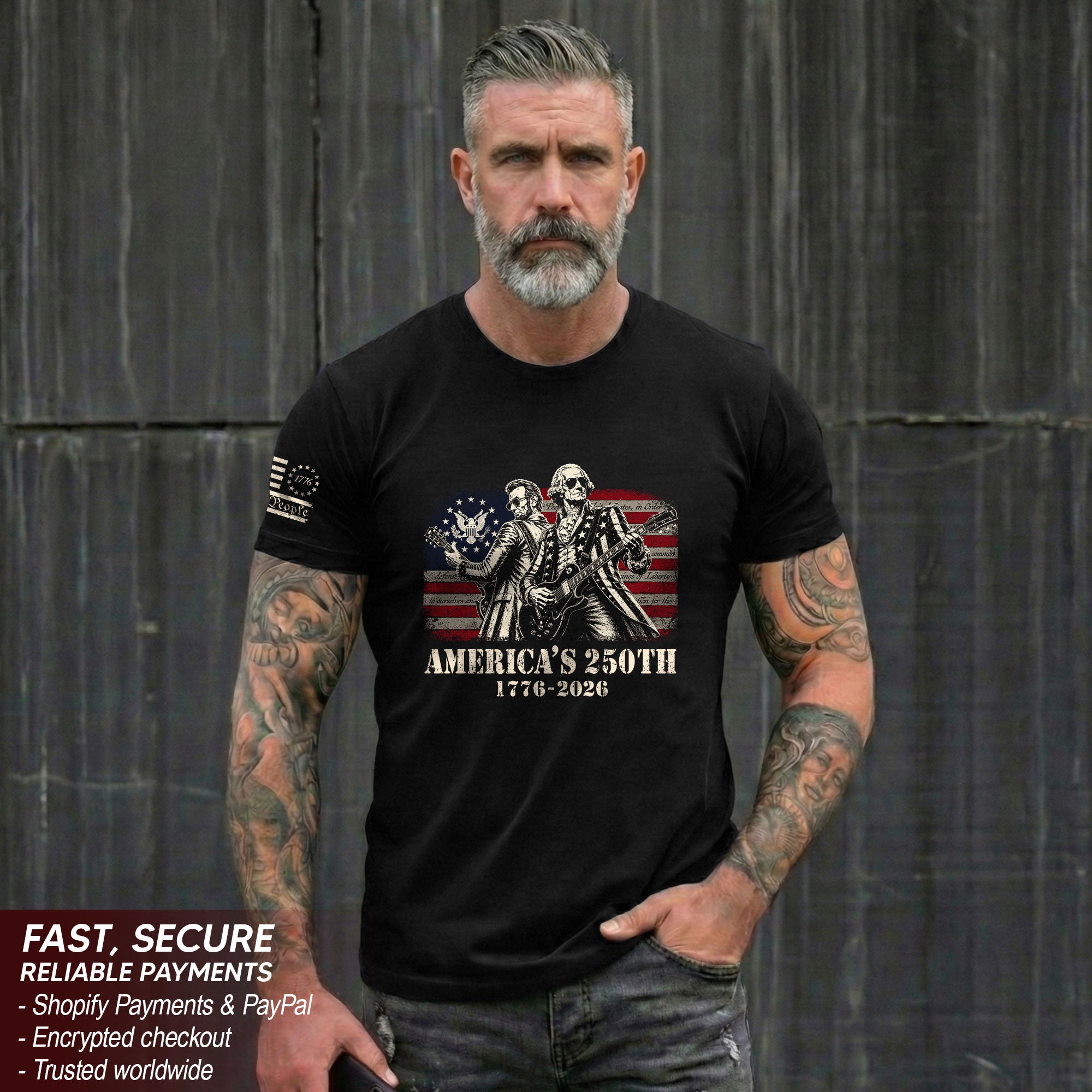 Historical Figures Guitar Hero Shirt 1776-2026 Patriotic Graphic Tee Anniversary Outfit
